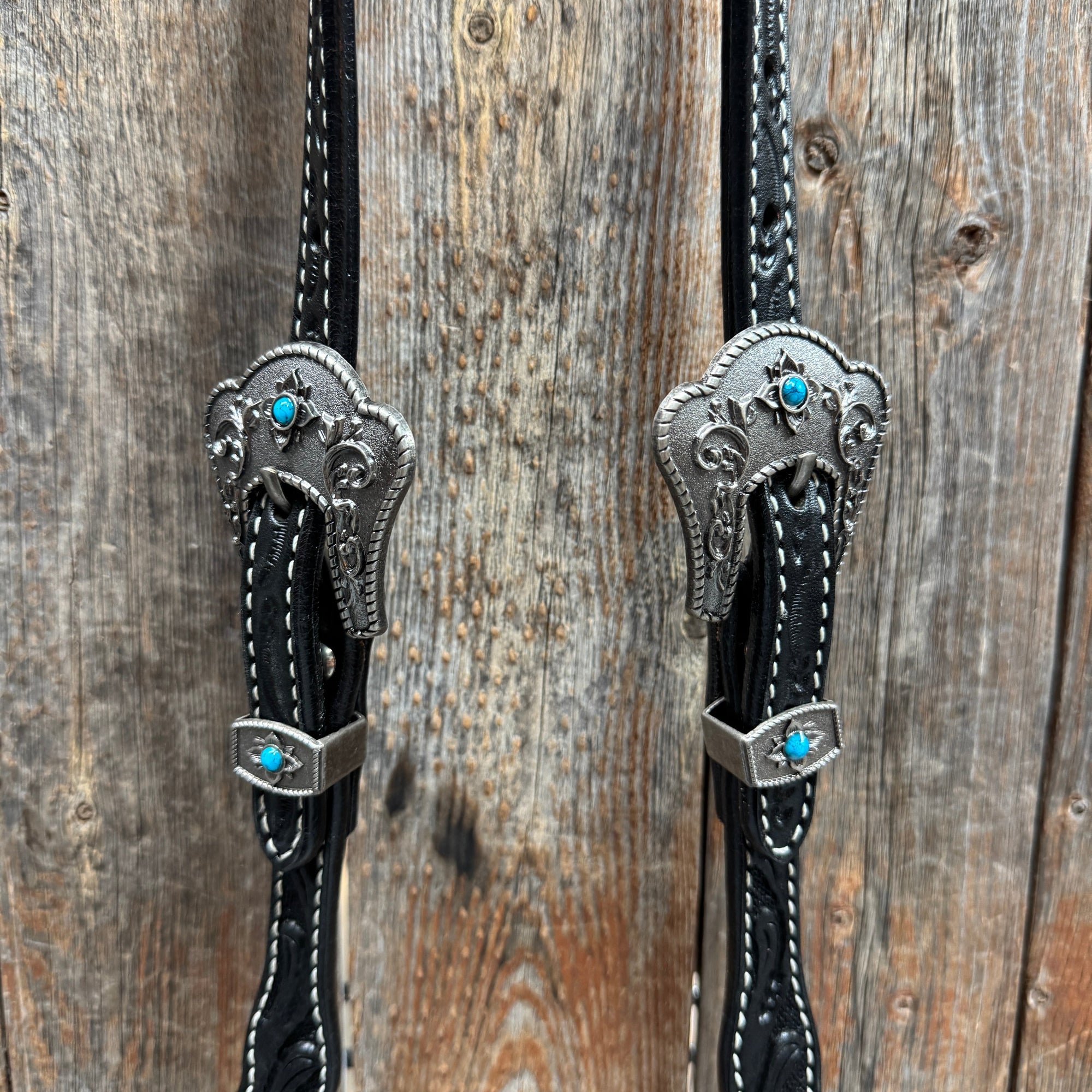 Black Floral Antique Silver Turquoise Browband/One Ear Tack Set