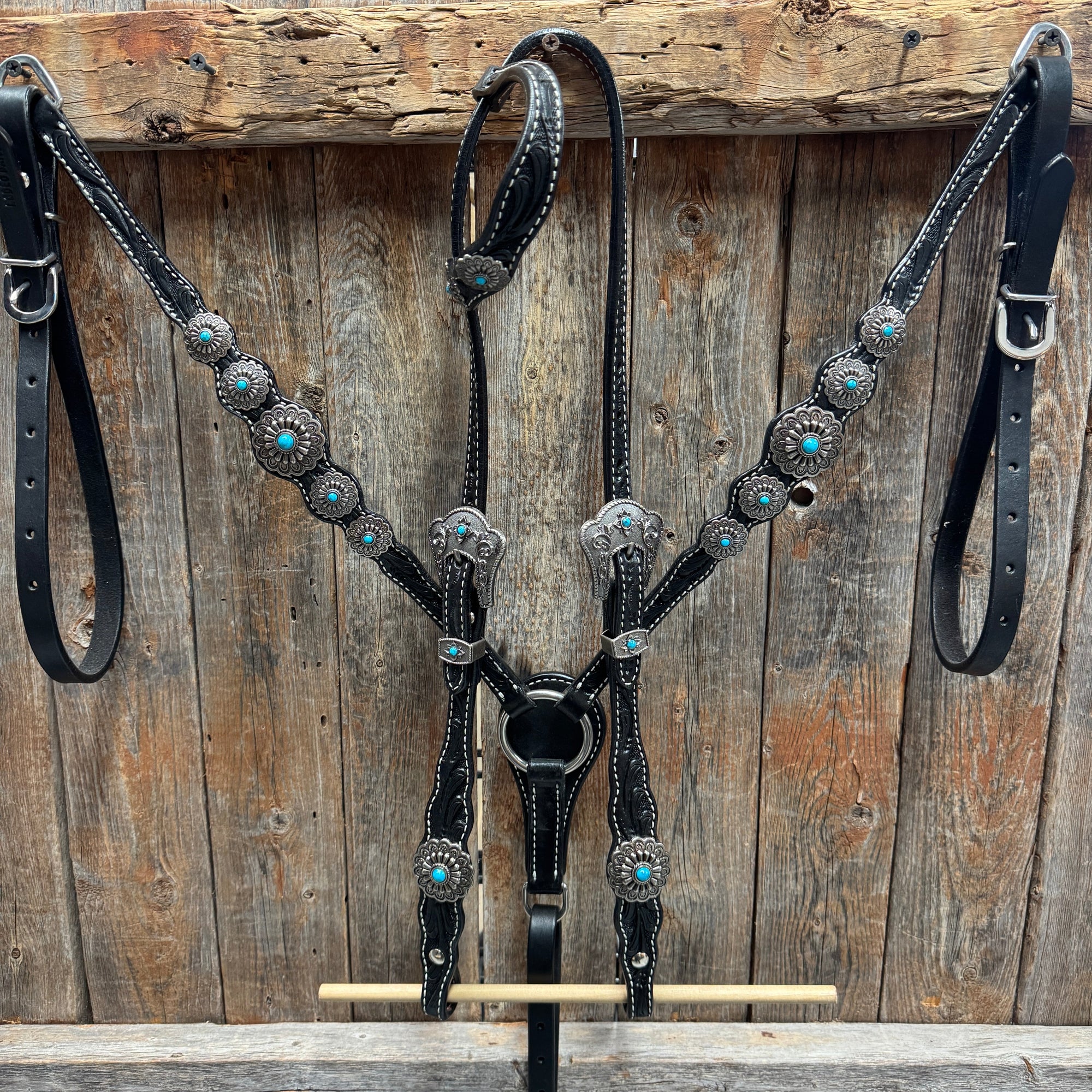 Black Floral Antique Silver Turquoise Browband/One Ear Tack Set