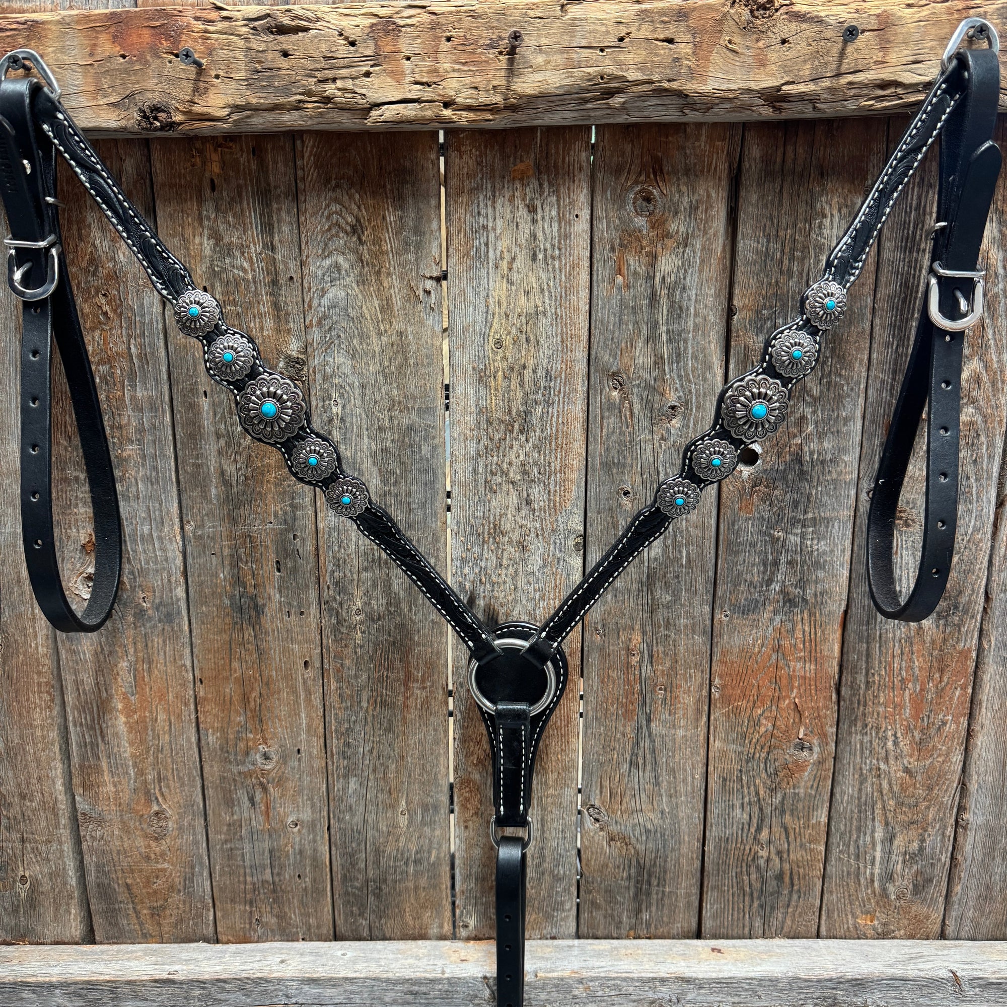 Black Floral Antique Silver Turquoise Browband/One Ear Tack Set