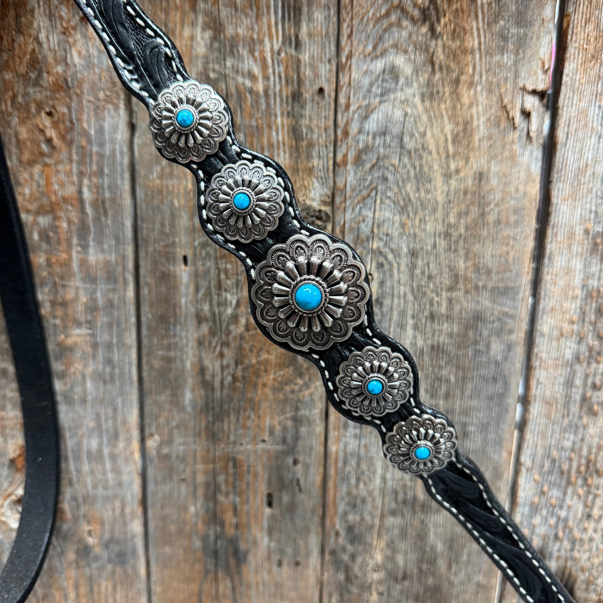 Black Floral Antique Silver Turquoise Browband/One Ear Tack Set