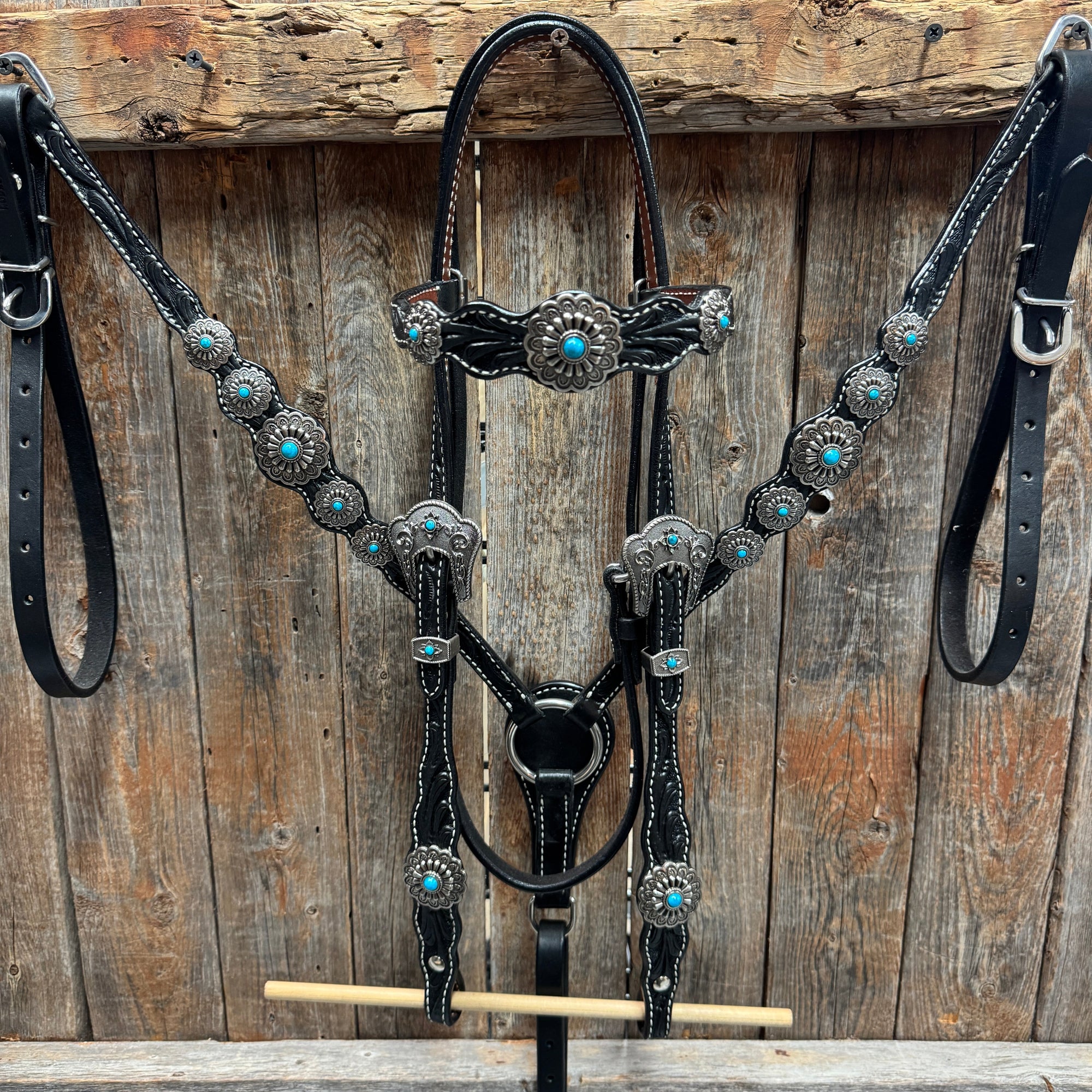 Black Floral Antique Silver Turquoise Browband/One Ear Tack Set