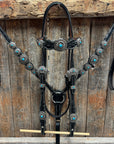 Black Floral Antique Silver Turquoise Browband/One Ear Tack Set