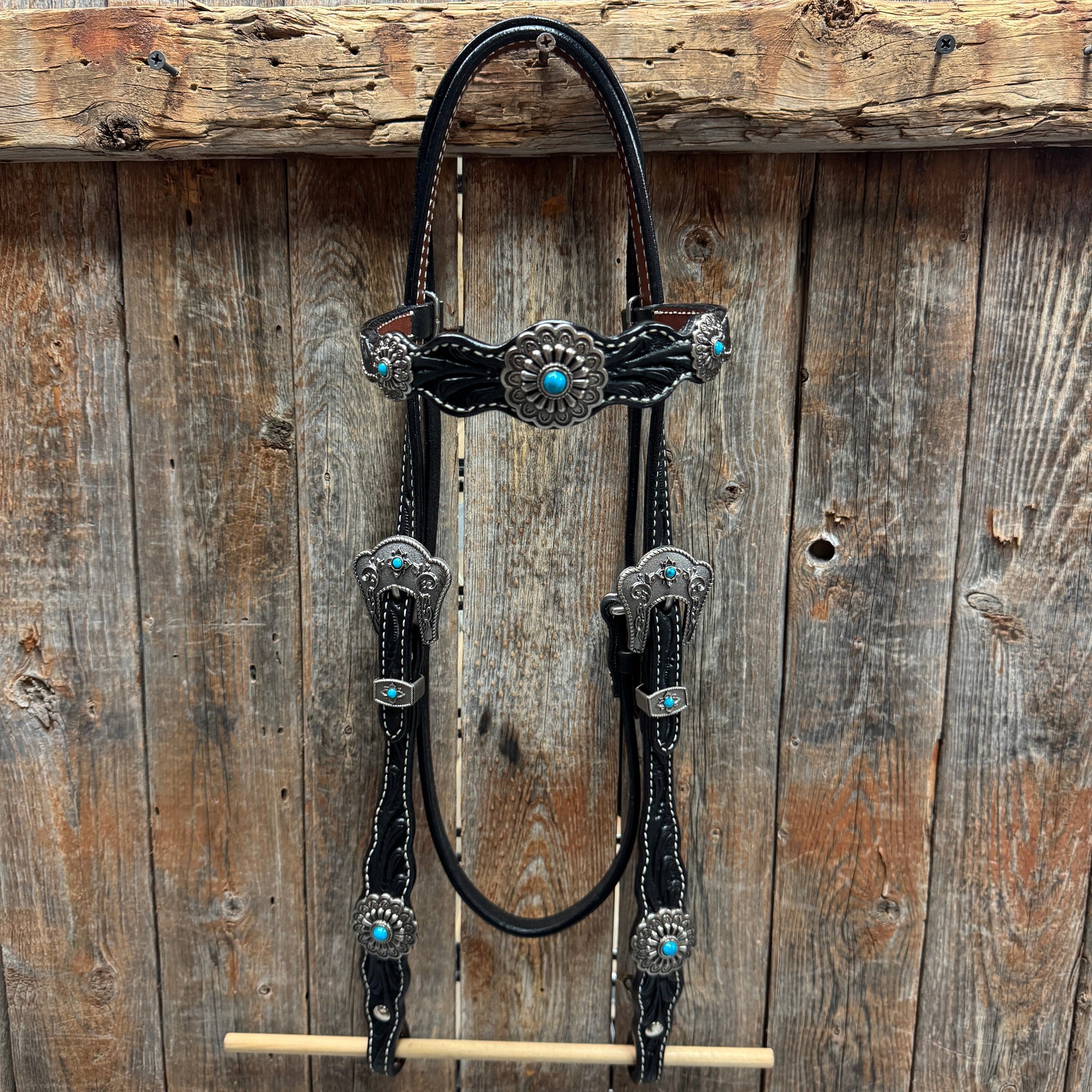 Black Floral Antique Silver Turquoise Browband/One Ear Tack Set