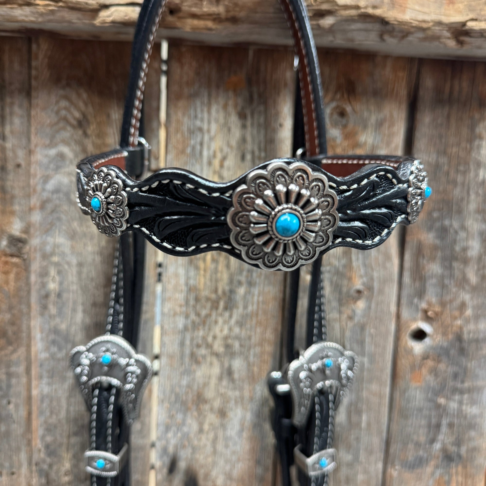 Black Floral Antique Silver Turquoise Browband/One Ear Tack Set