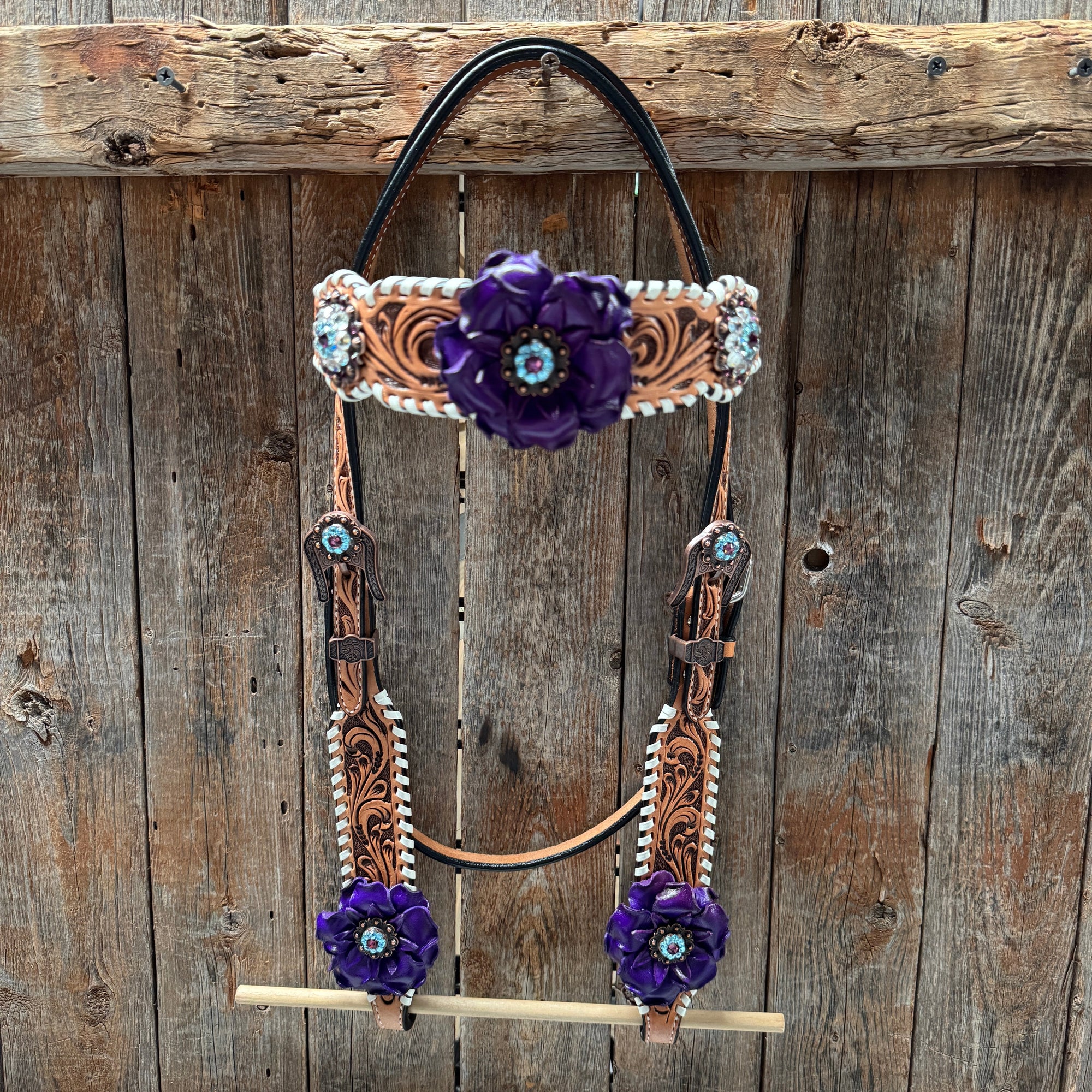 Light Oil Whipstitch Purple Gardenia Browband/One Ear Tack Set