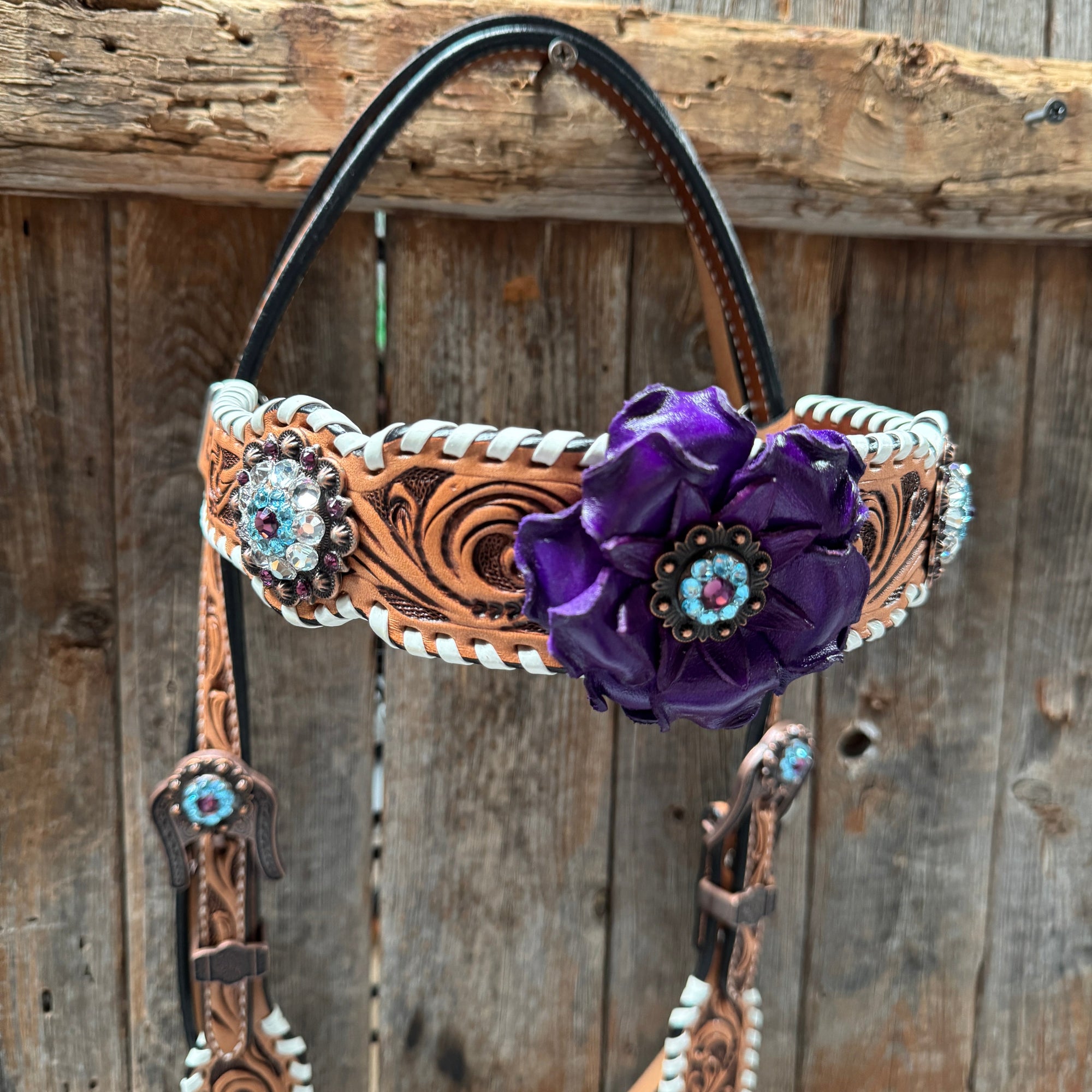 Light Oil Whipstitch Purple Gardenia Browband/One Ear Tack Set