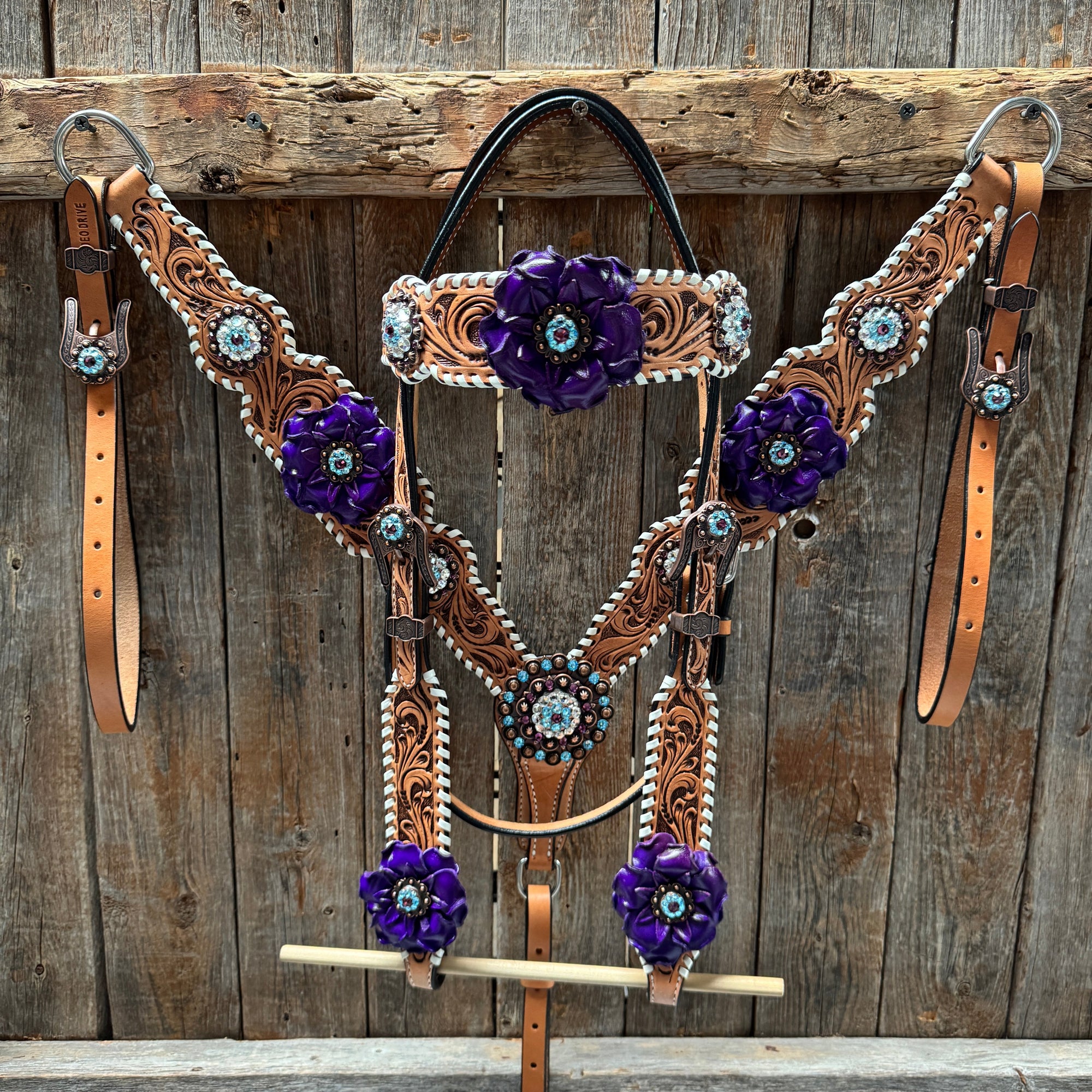 Light Oil Whipstitch Purple Gardenia Browband/One Ear Tack Set
