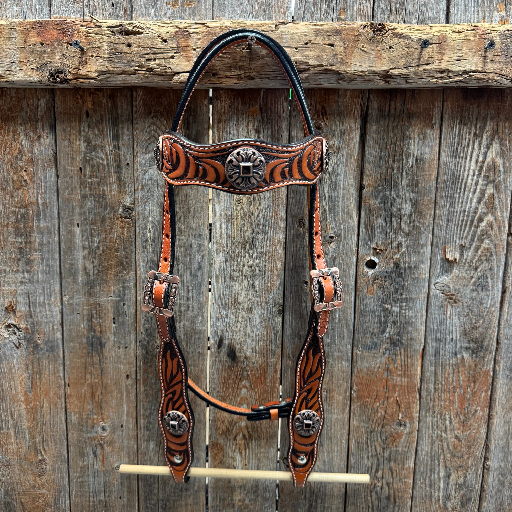 Zebra and Copper Fleur De Lis Browband/One Ear Tack Set
