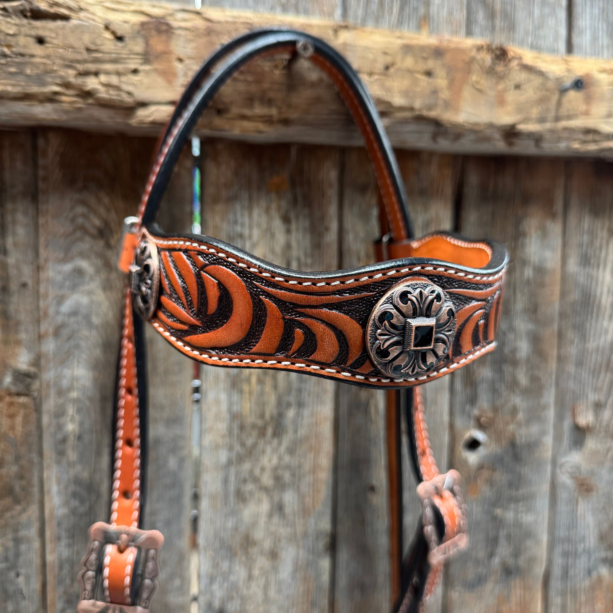 Zebra and Copper Fleur De Lis Browband/One Ear Tack Set