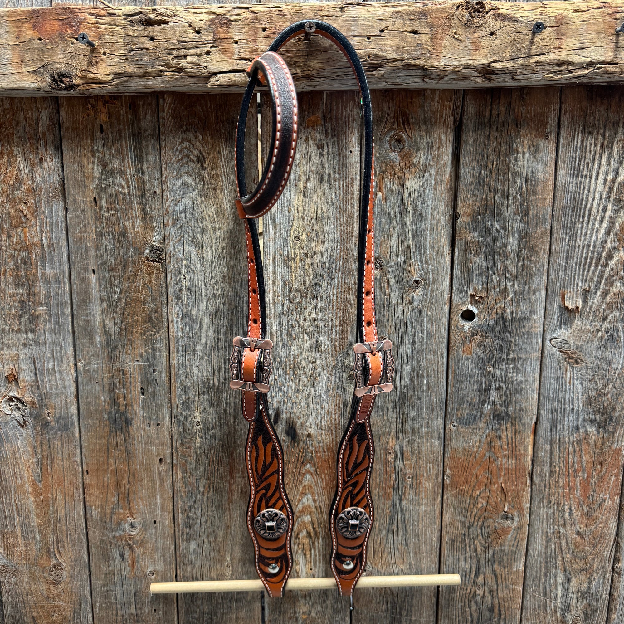 Zebra and Copper Fleur De Lis Browband/One Ear Tack Set