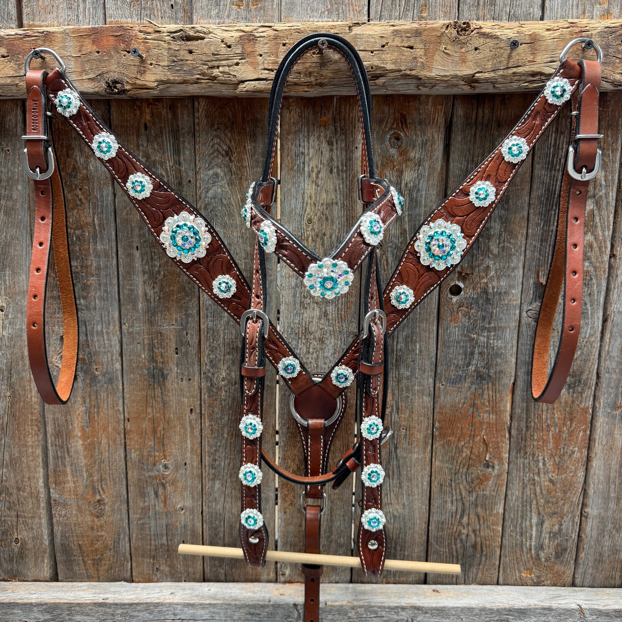 Medium Oil Floral AB - Teal Browband / Breastcollar Tack Set
