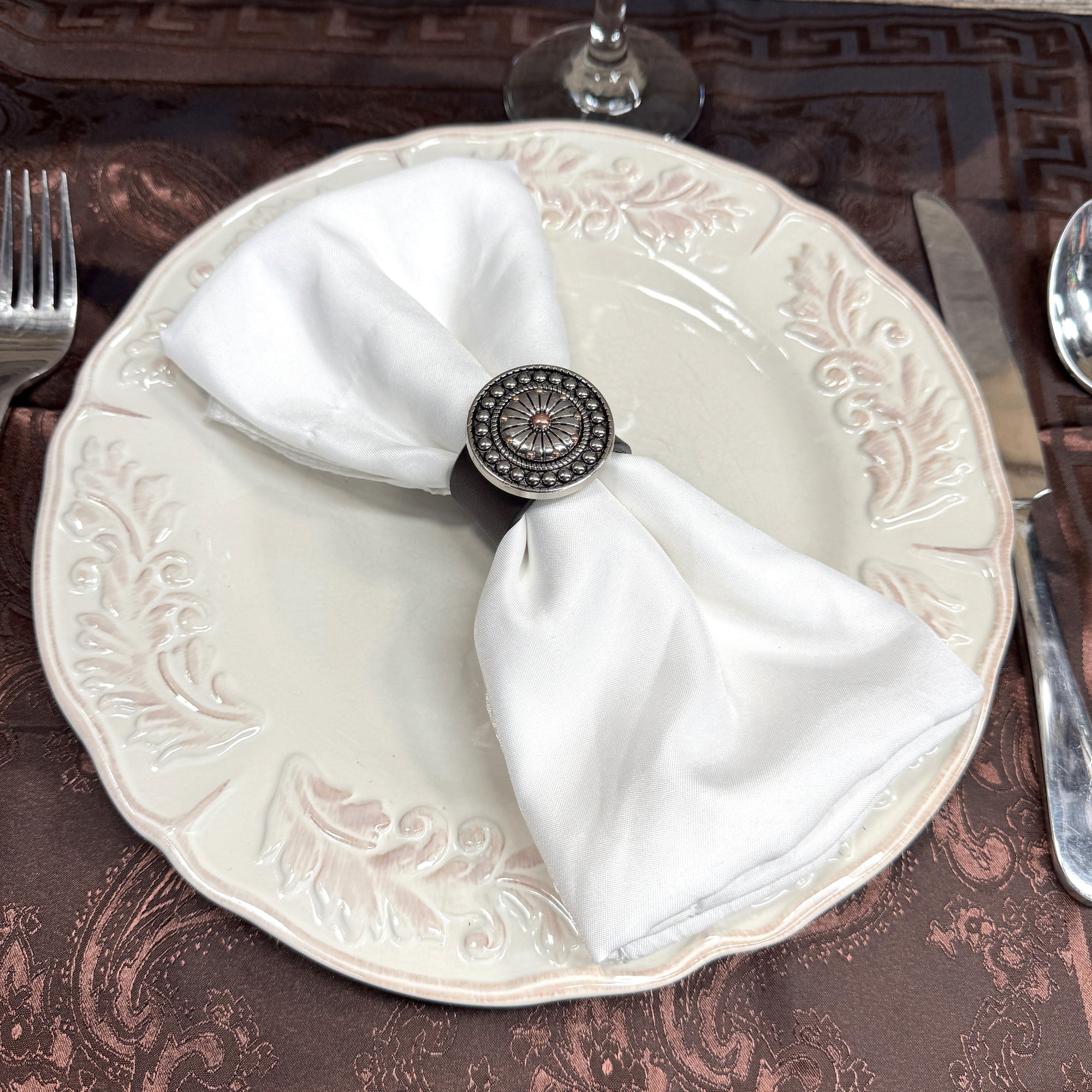 Antique Silver Flower and Dots Western Concho Napkin Ring 
