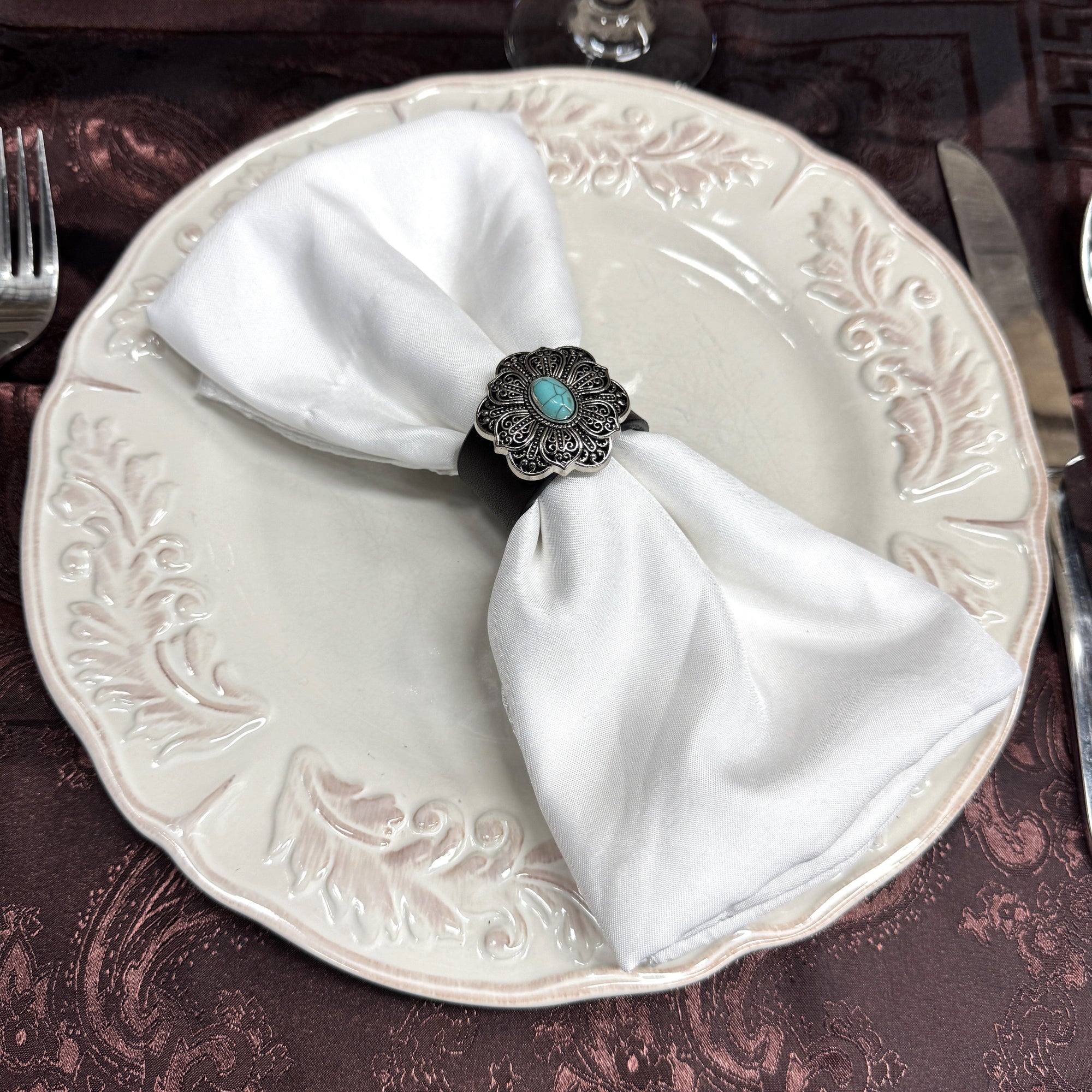 Antique Silver Filigree Floral Turquoise Western Concho Napkin Ring 