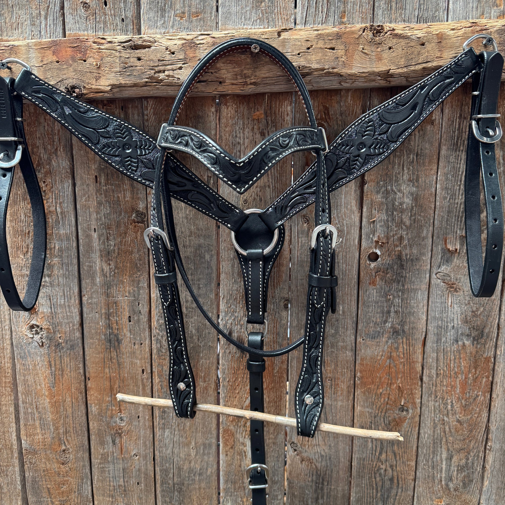 Floral Tooled Black Pony Tack Set 