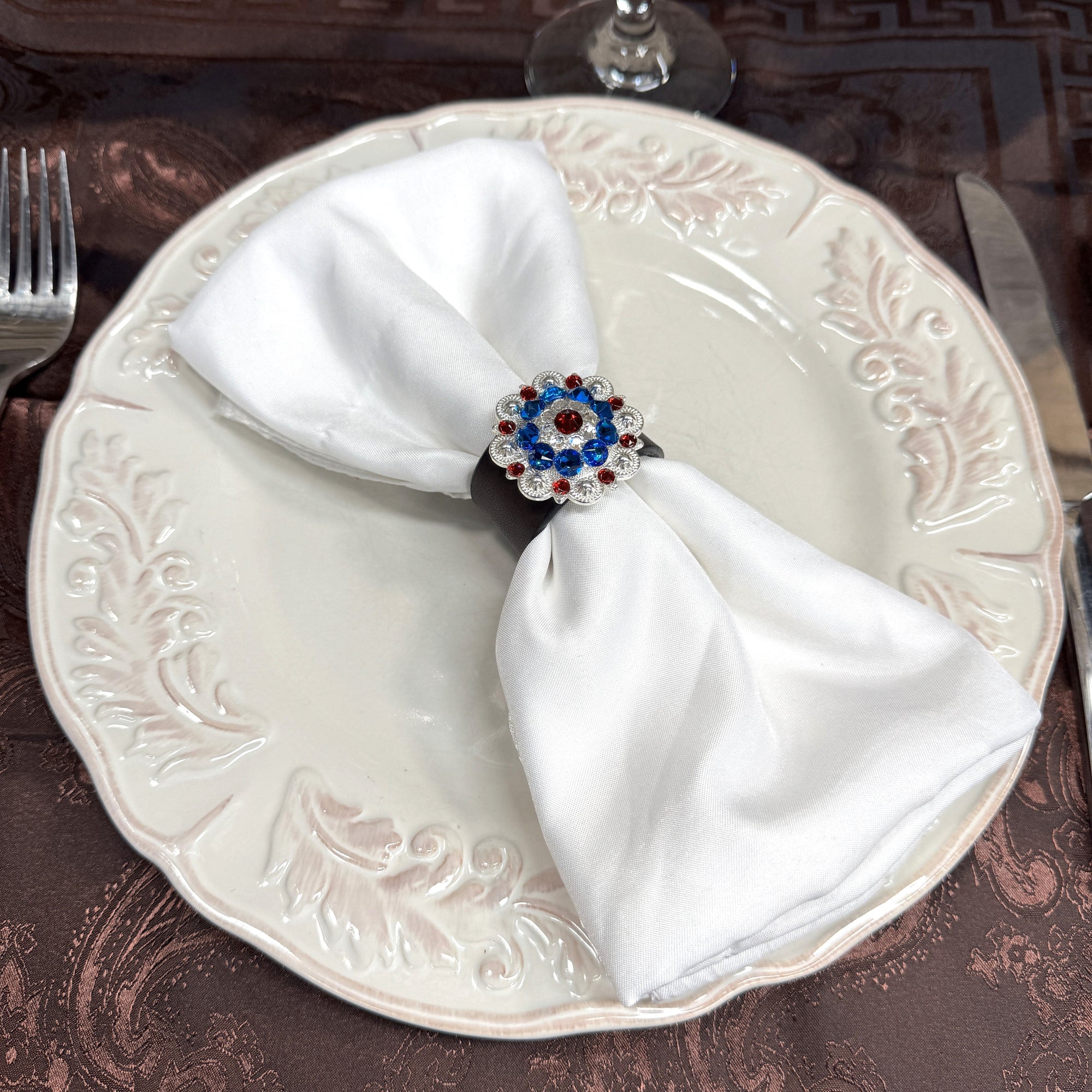 Bright Silver Red/White/Blue Crystal Concho Napkin Ring 
