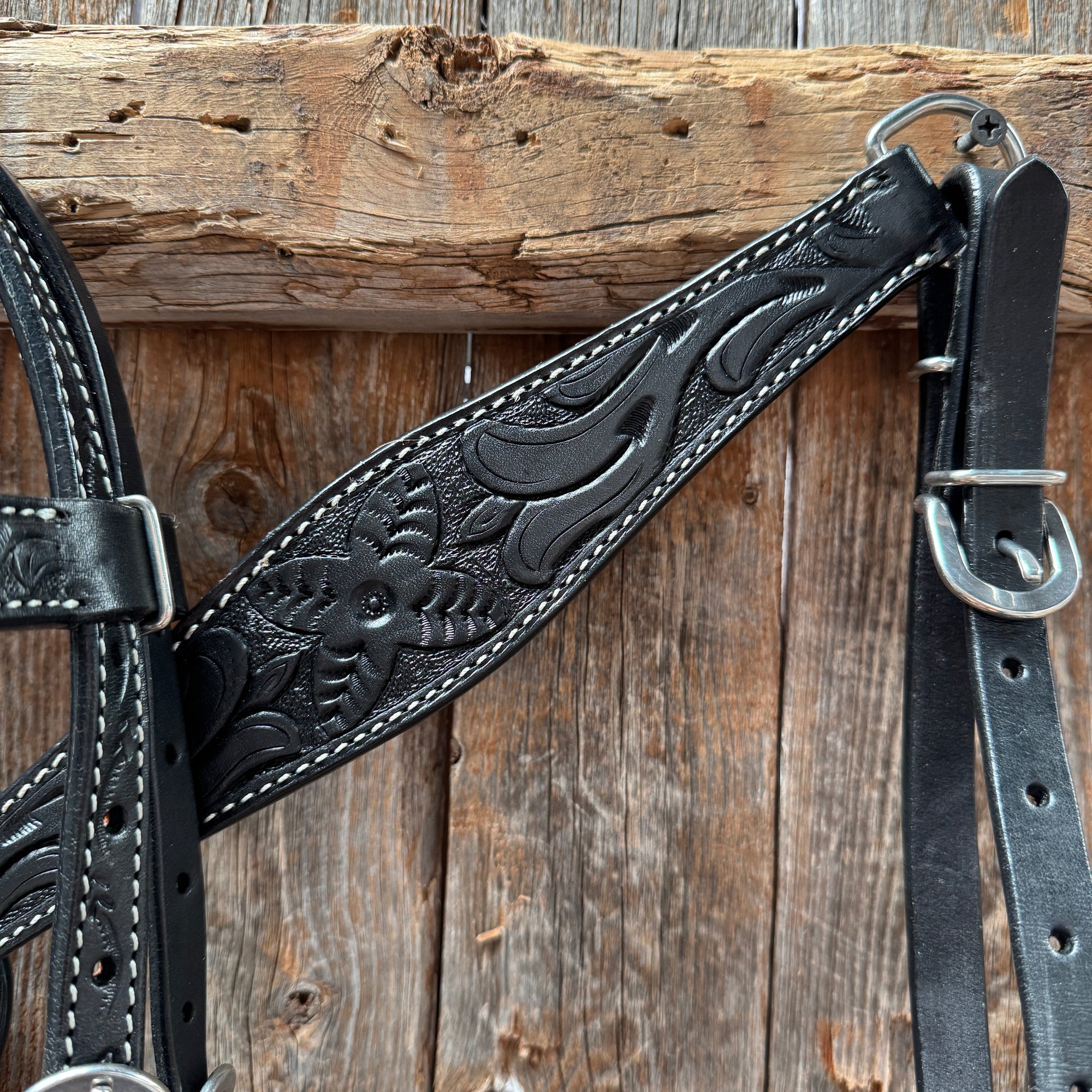 Floral Tooled Black Pony Tack Set 