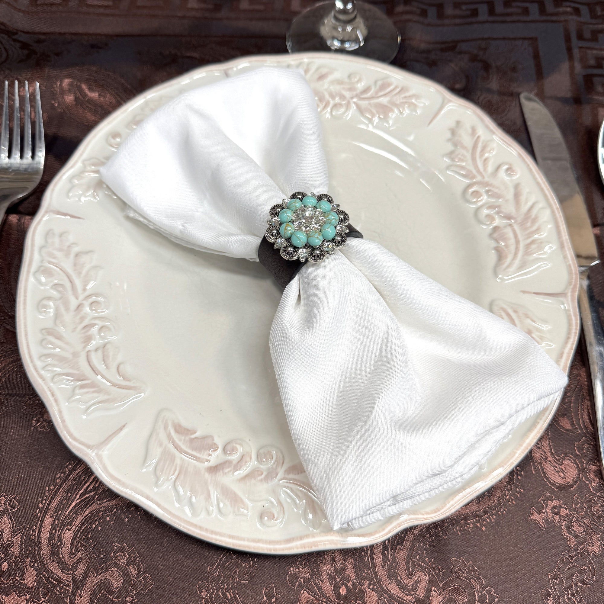 Antique Silver Turquoise/Clear Crystal Concho Napkin Ring 
