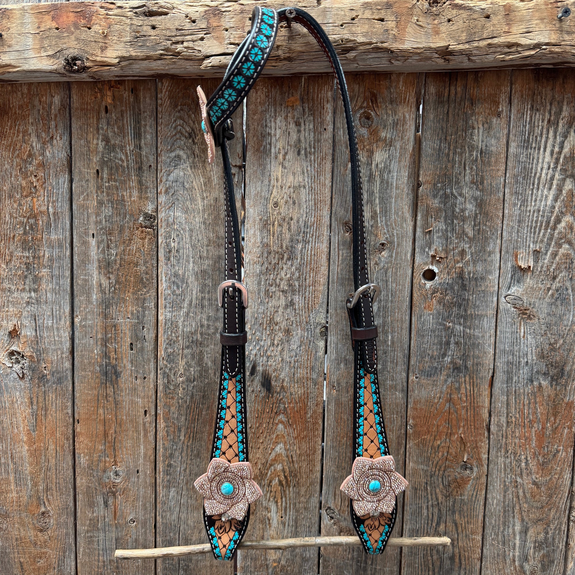 Multi Flower Bling &amp; Turquoise One Ear - Breastcollar Tack Set 