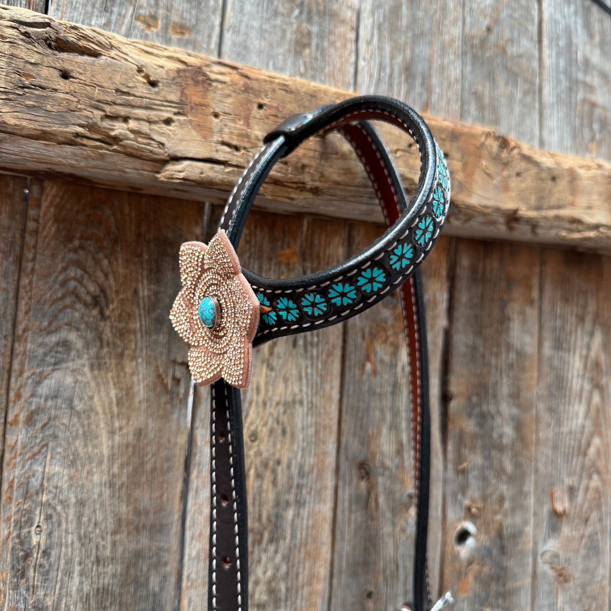 Multi Flower Bling &amp; Turquoise One Ear - Breastcollar Tack Set 