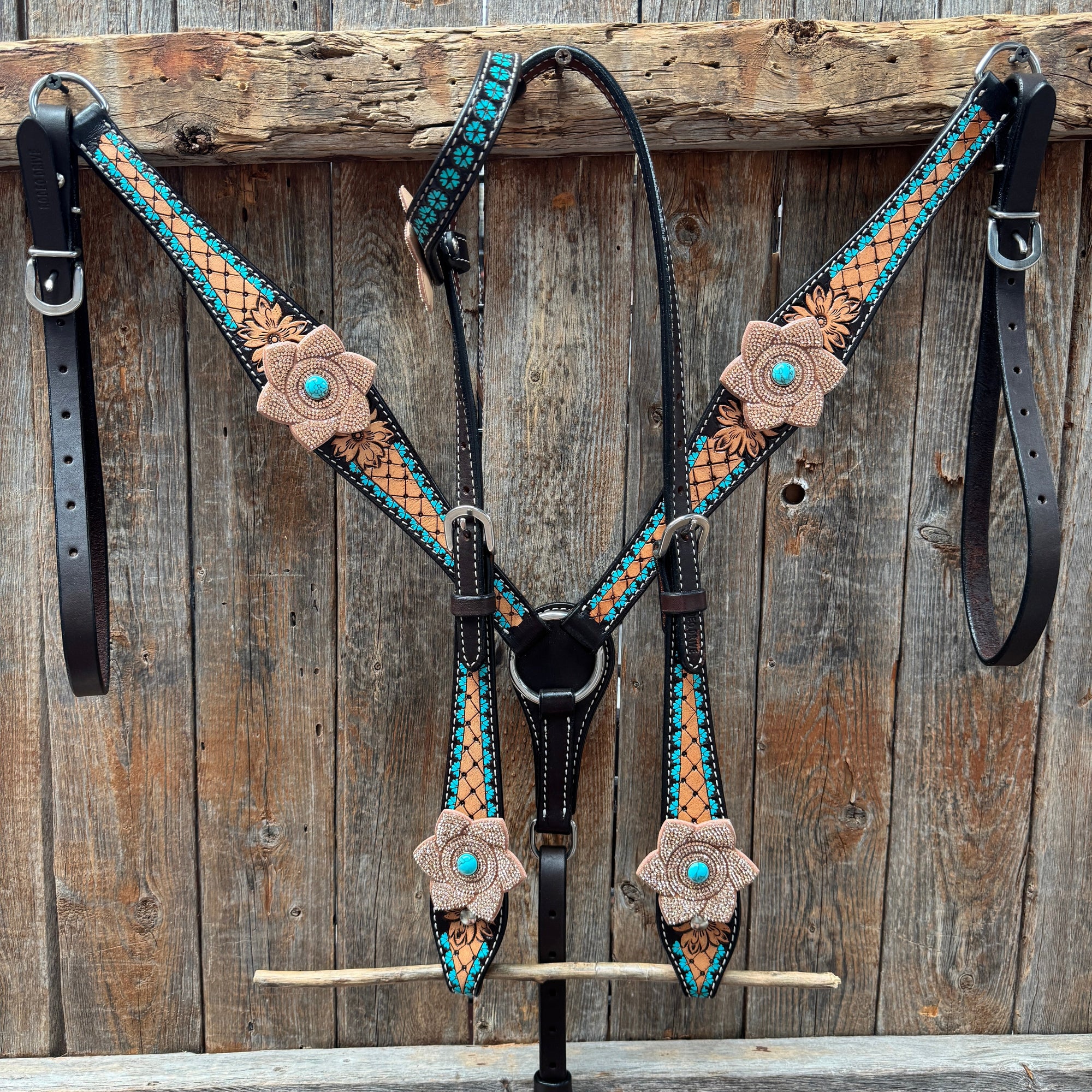 Multi Flower Bling &amp; Turquoise One Ear - Breastcollar Tack Set 