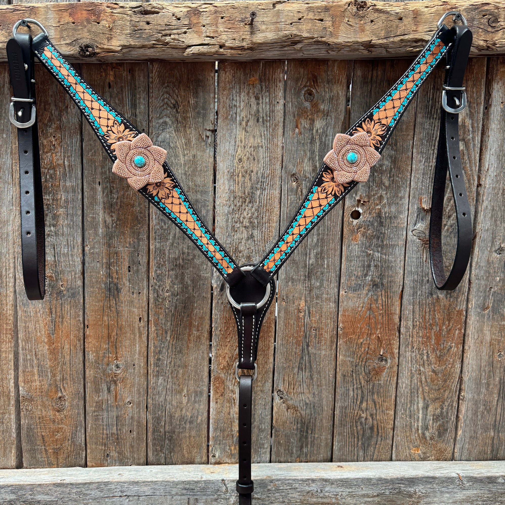 Multi Flower Bling &amp; Turquoise One Ear - Breastcollar Tack Set 