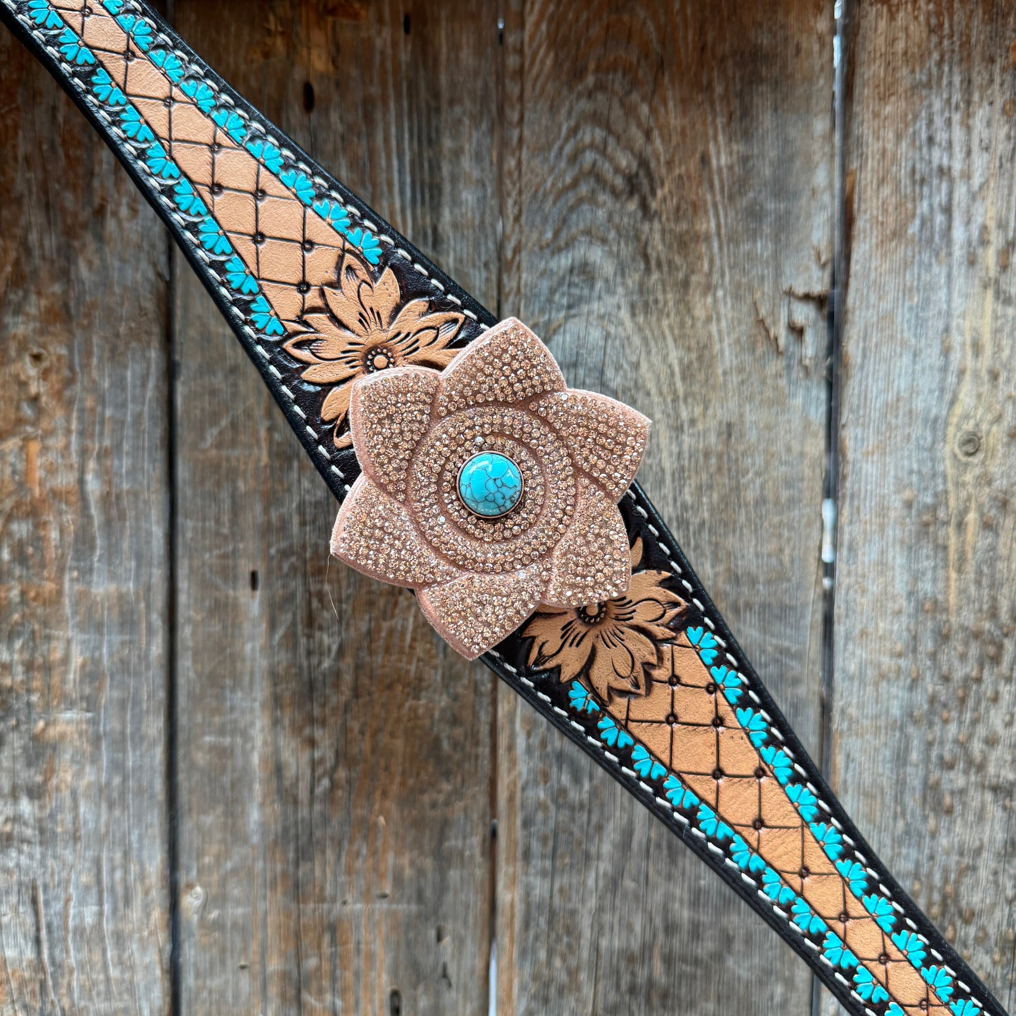 Multi Flower Bling &amp; Turquoise One Ear - Breastcollar Tack Set 