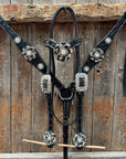 Black Floral Tooled Black and White Bling Browband & Breastcollar Tack Set 
