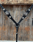 Black Floral Tooled Black and White Bling Browband & Breastcollar Tack Set 