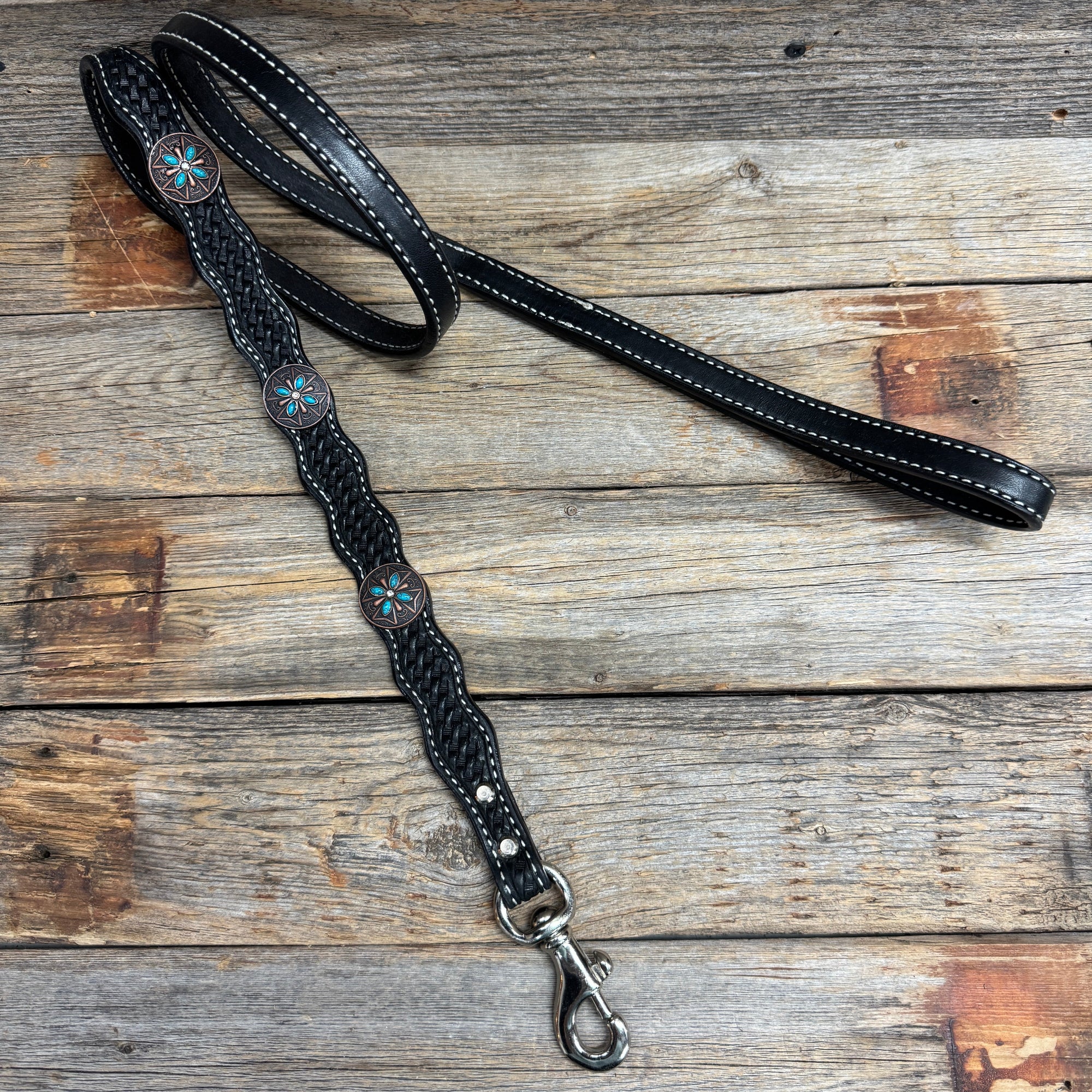 Genuine Leather Dog Collar or Leash with Copper Turquoise &amp; Clear Conchos 10" - 22"|W138|DC78