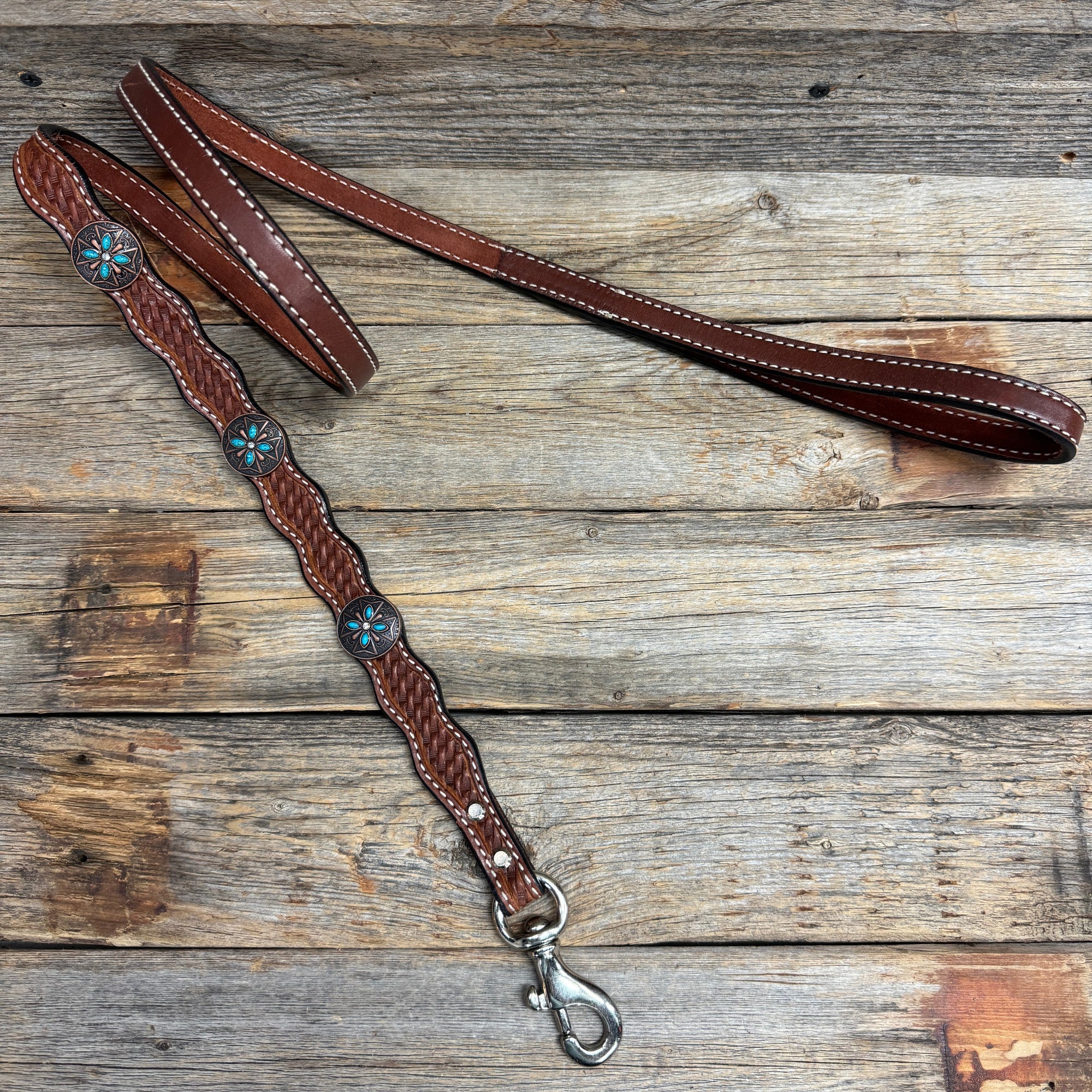 Genuine Leather Dog Collar or Leash with Copper Turquoise &amp; Clear Conchos 10" - 22"|W138|DC78