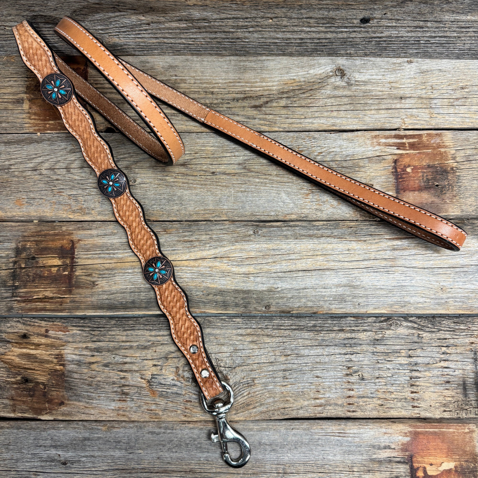 Genuine Leather Dog Collar or Leash with Copper Turquoise &amp; Clear Conchos 10" - 22"|W138|DC78