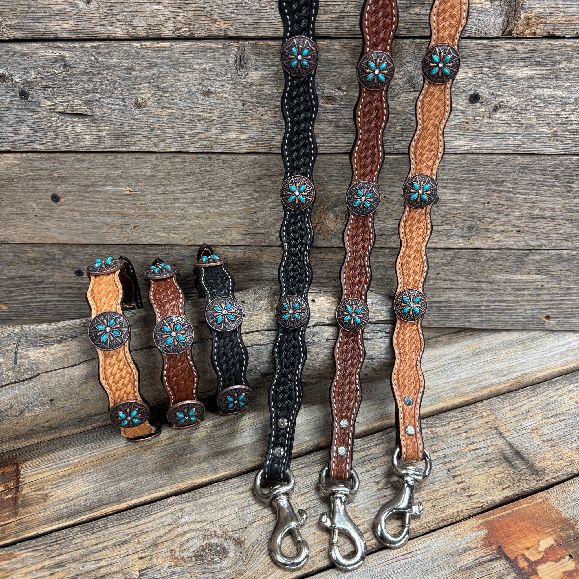 Genuine Leather Dog Collar or Leash with Copper Turquoise &amp; Clear Conchos 10" - 22"|W138|DC78