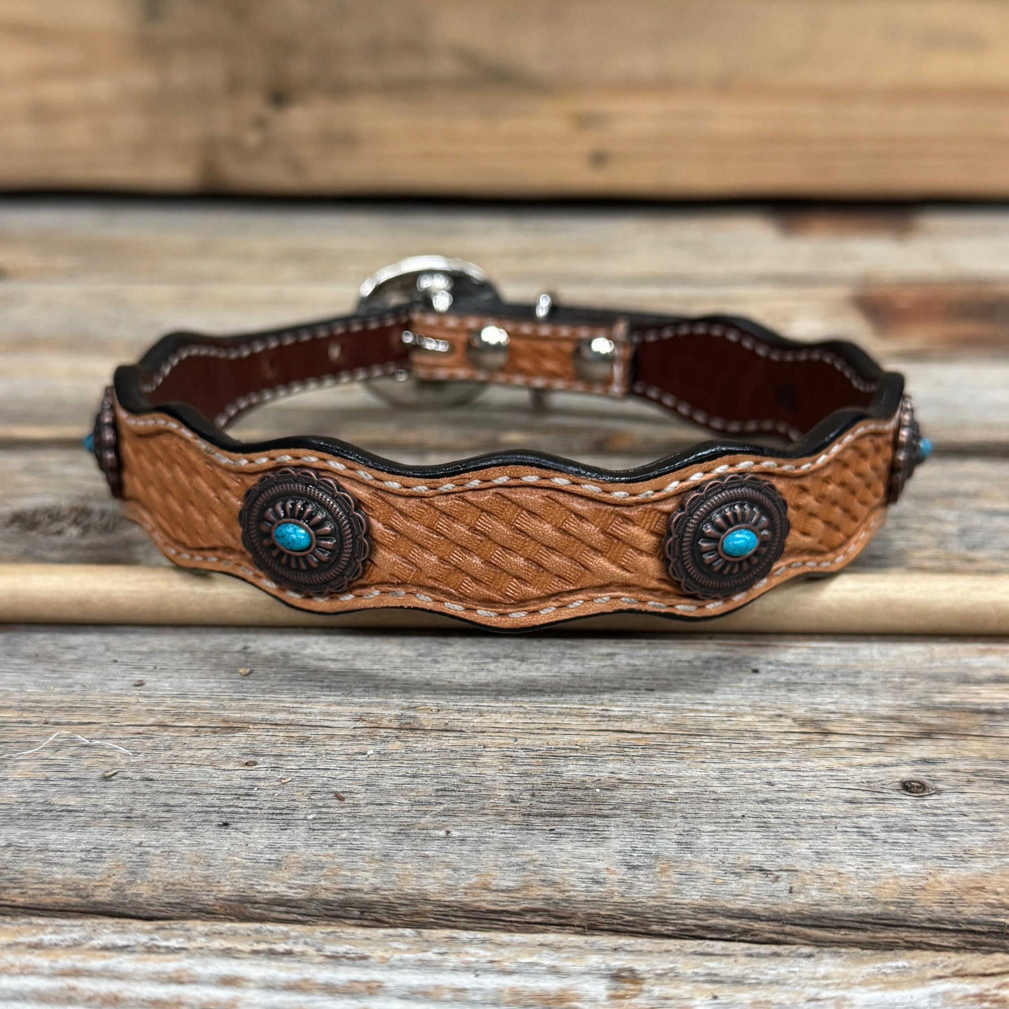 Genuine Leather Dog Collar or Leash With Oval Copper Turquoise Conchos 10" to 22" or W179S or DC76