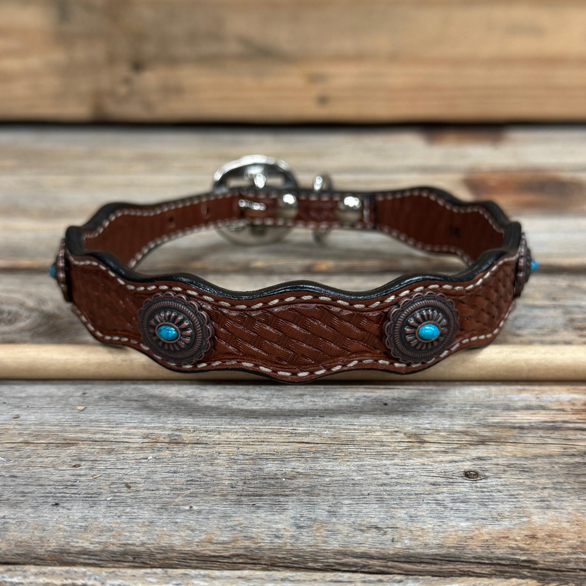 Genuine Leather Dog Collar or Leash With Oval Copper Turquoise Conchos 10" to 22" or W179S or DC76
