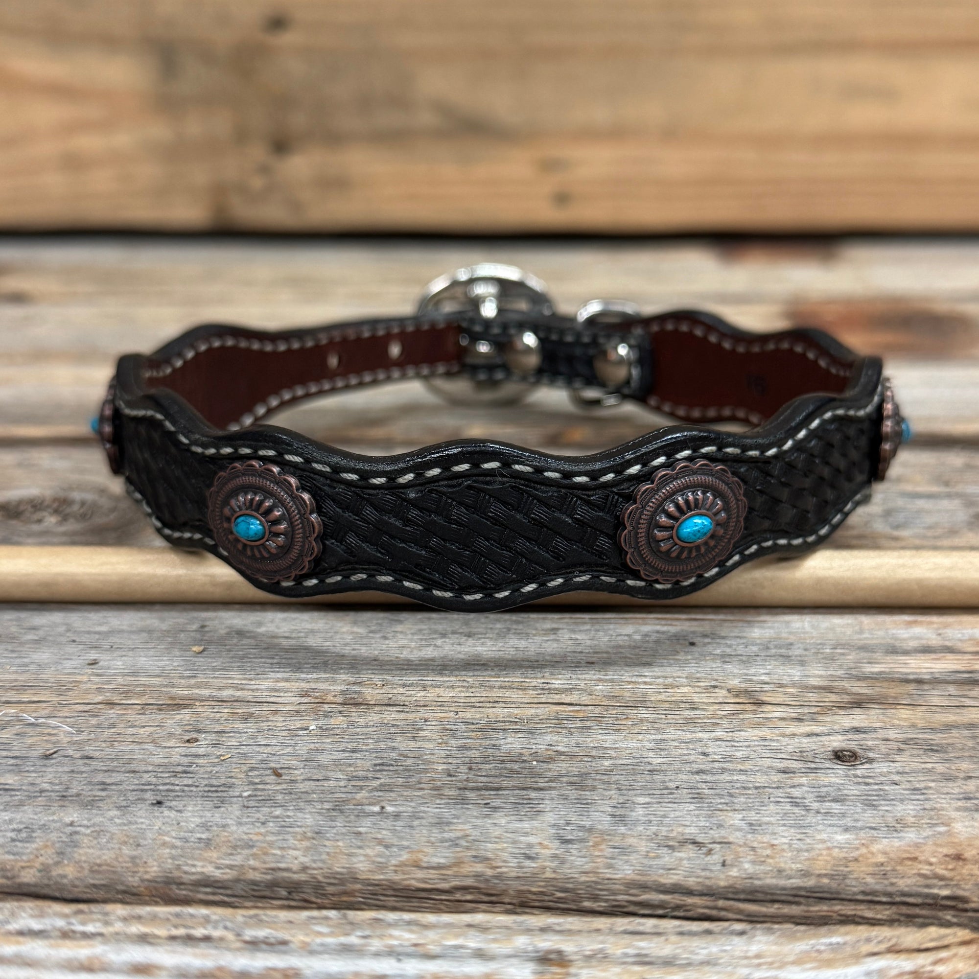 Genuine Leather Dog Collar or Leash With Oval Copper Turquoise Conchos 10" to 22" or W179S or DC76