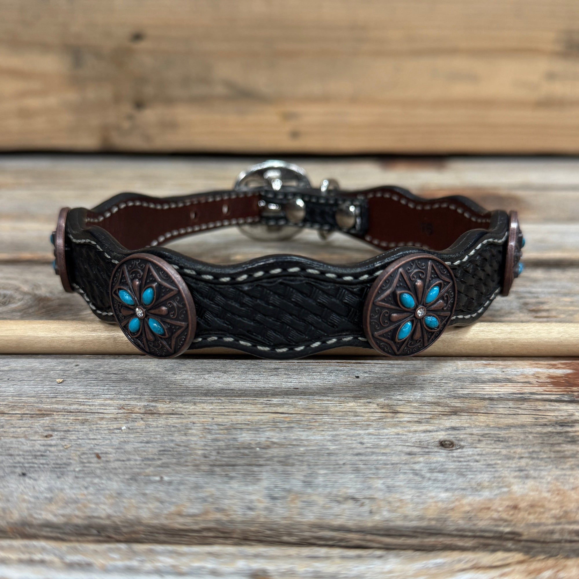 Genuine Leather Dog Collar or Leash with Copper Turquoise &amp; Clear Conchos 10" - 22"|W138|DC78