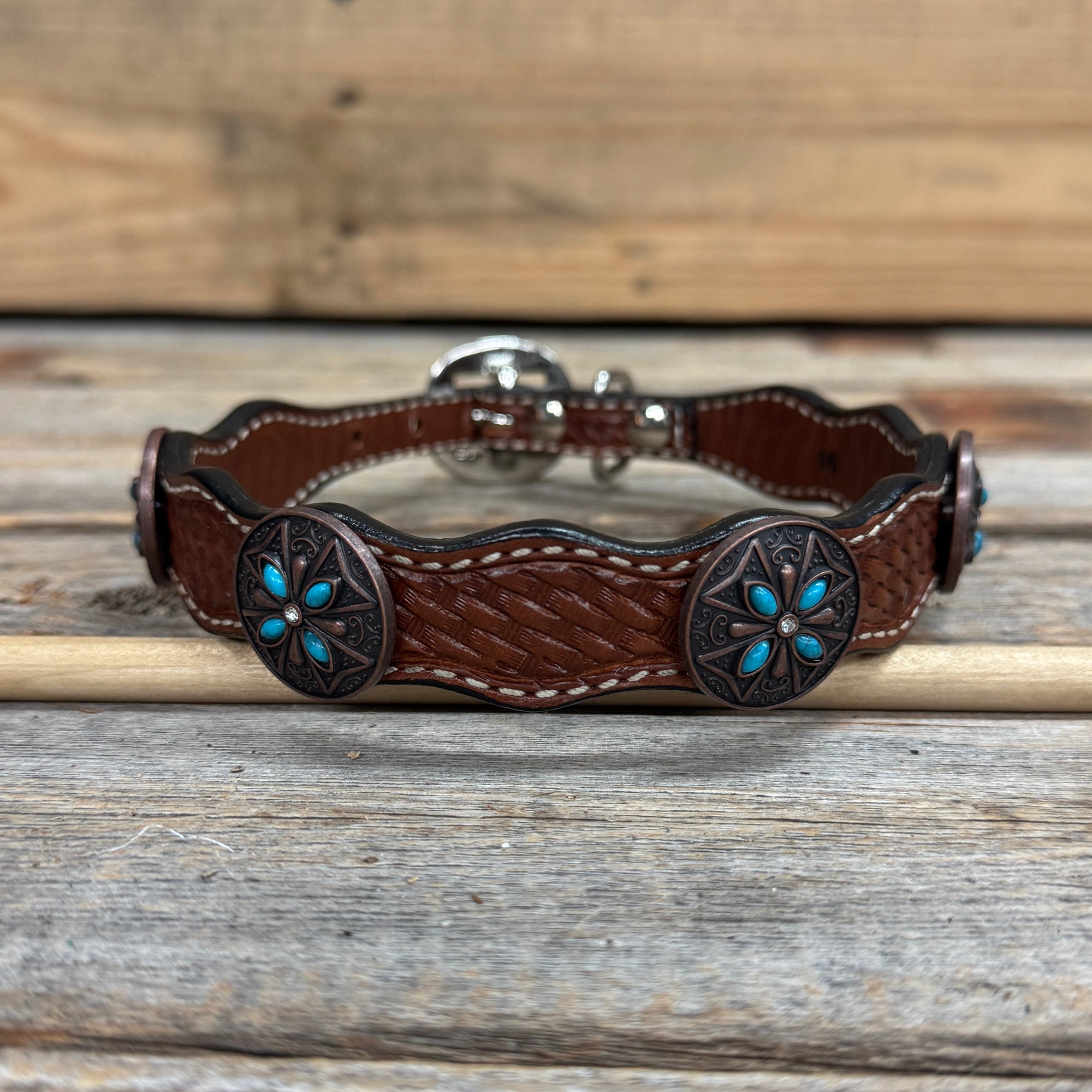 Genuine Leather Dog Collar or Leash with Copper Turquoise &amp; Clear Conchos 10" - 22"|W138|DC78