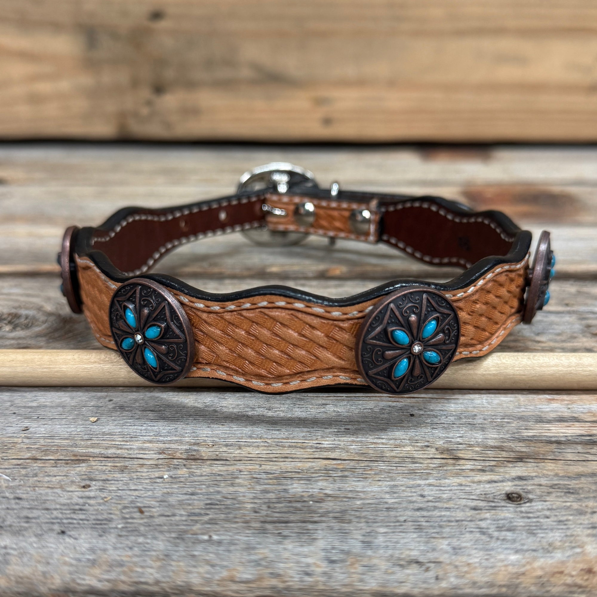 Genuine Leather Dog Collar or Leash with Copper Turquoise &amp; Clear Conchos 10" - 22"|W138|DC78