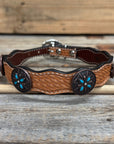 Genuine Leather Dog Collar or Leash with Copper Turquoise & Clear Conchos 10" - 22"|W138|DC78