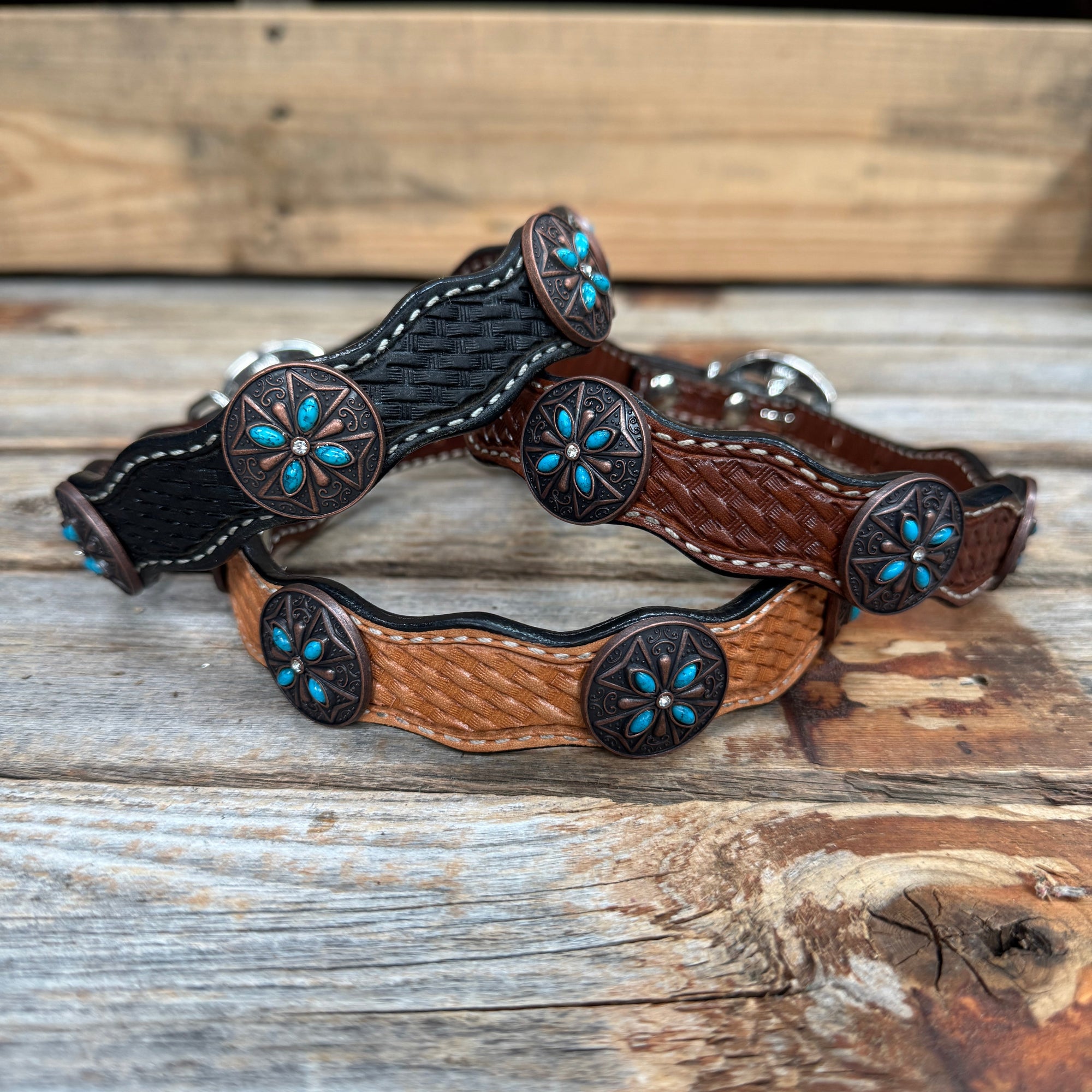 Genuine Leather Dog Collar or Leash with Copper Turquoise &amp; Clear Conchos 10" - 22"|W138|DC78
