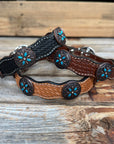 Genuine Leather Dog Collar or Leash with Copper Turquoise & Clear Conchos 10" - 22"|W138|DC78