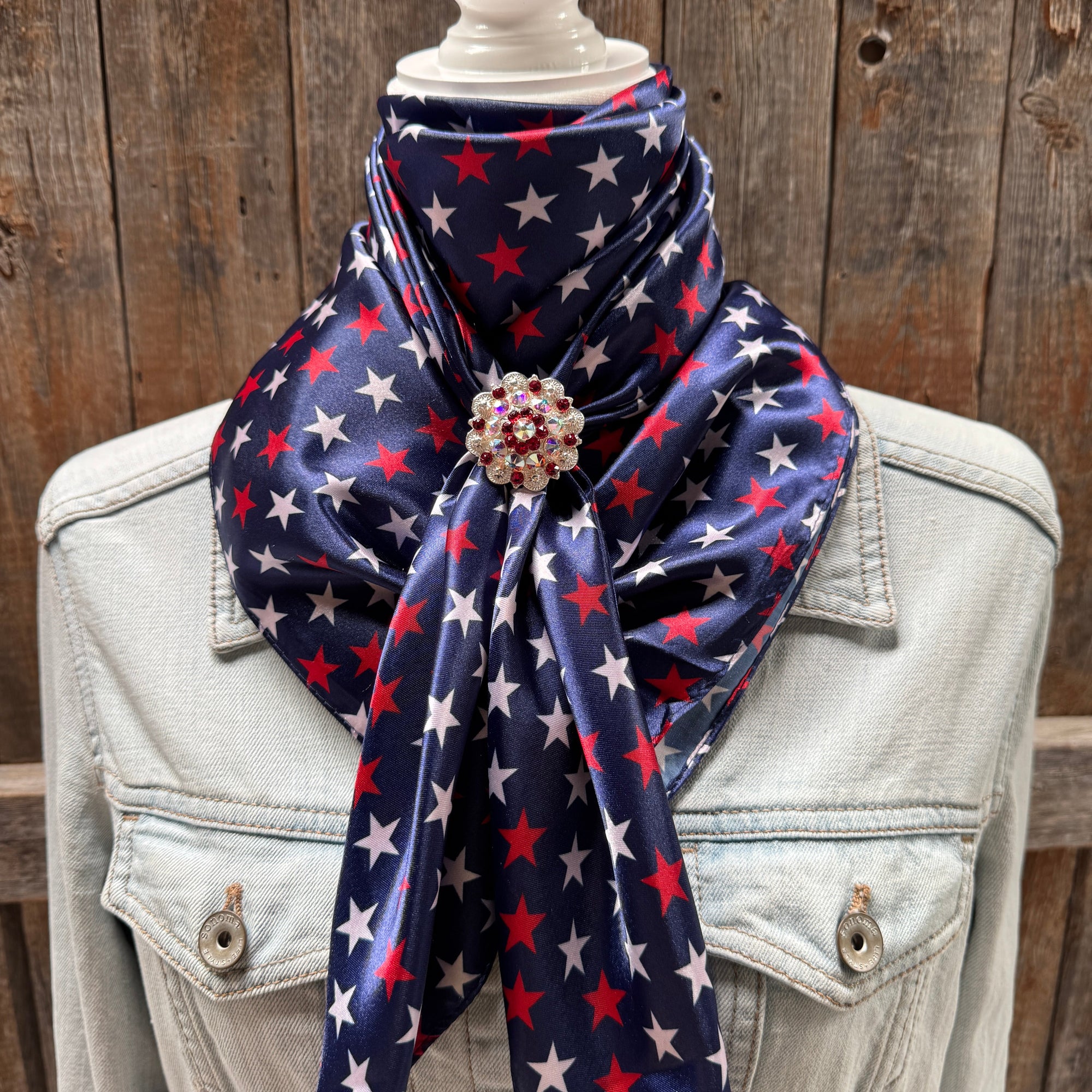 35X35" Red, White &amp; Blue USA Star Wild Rag | Scarf  - Bright Silver Ruby/AB Slide WRC3463F