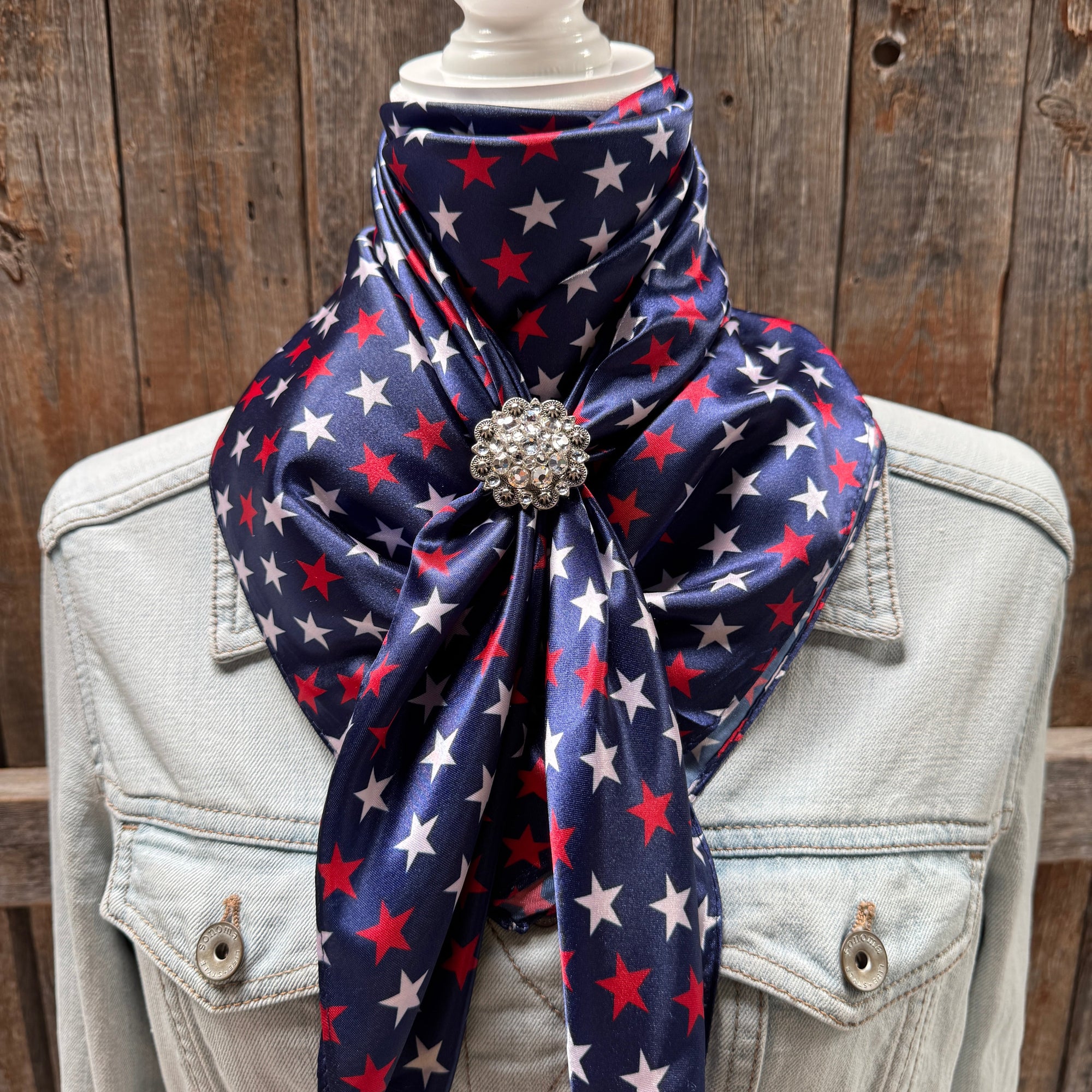35X35" Red, White &amp; Blue USA Star Wild Rag | Scarf - Antique Silver Clear Slide WRC3463G