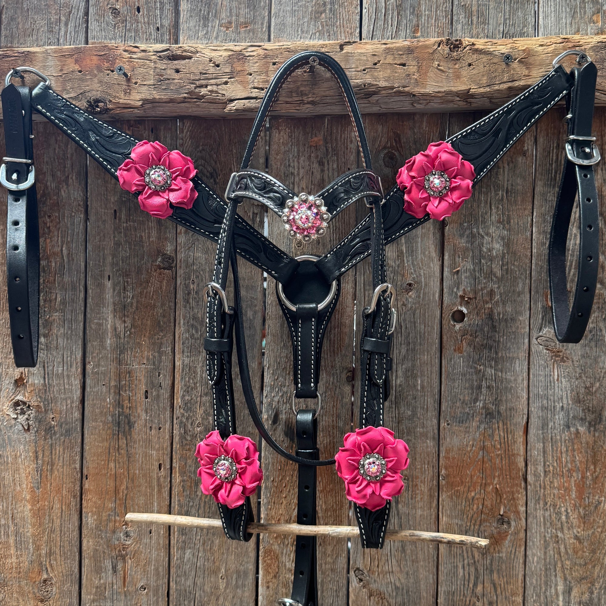 Pony Black Floral Pink Flower V-Browband Tack Set 