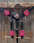 Pony Black Floral Pink Flower V-Browband Tack Set 