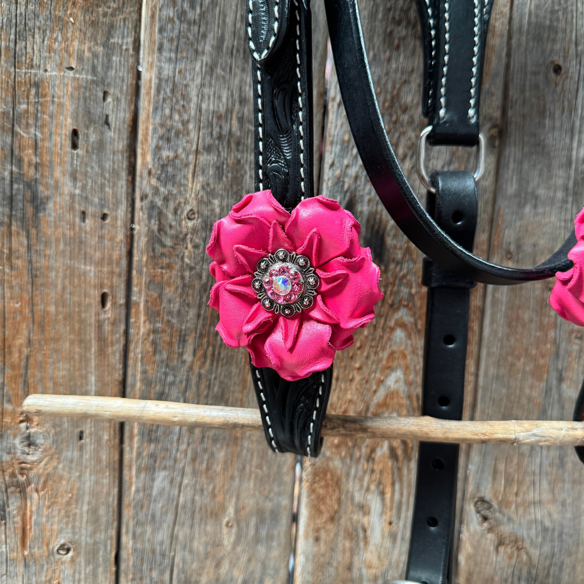 Pony Black Floral Pink Flower V-Browband Tack Set 