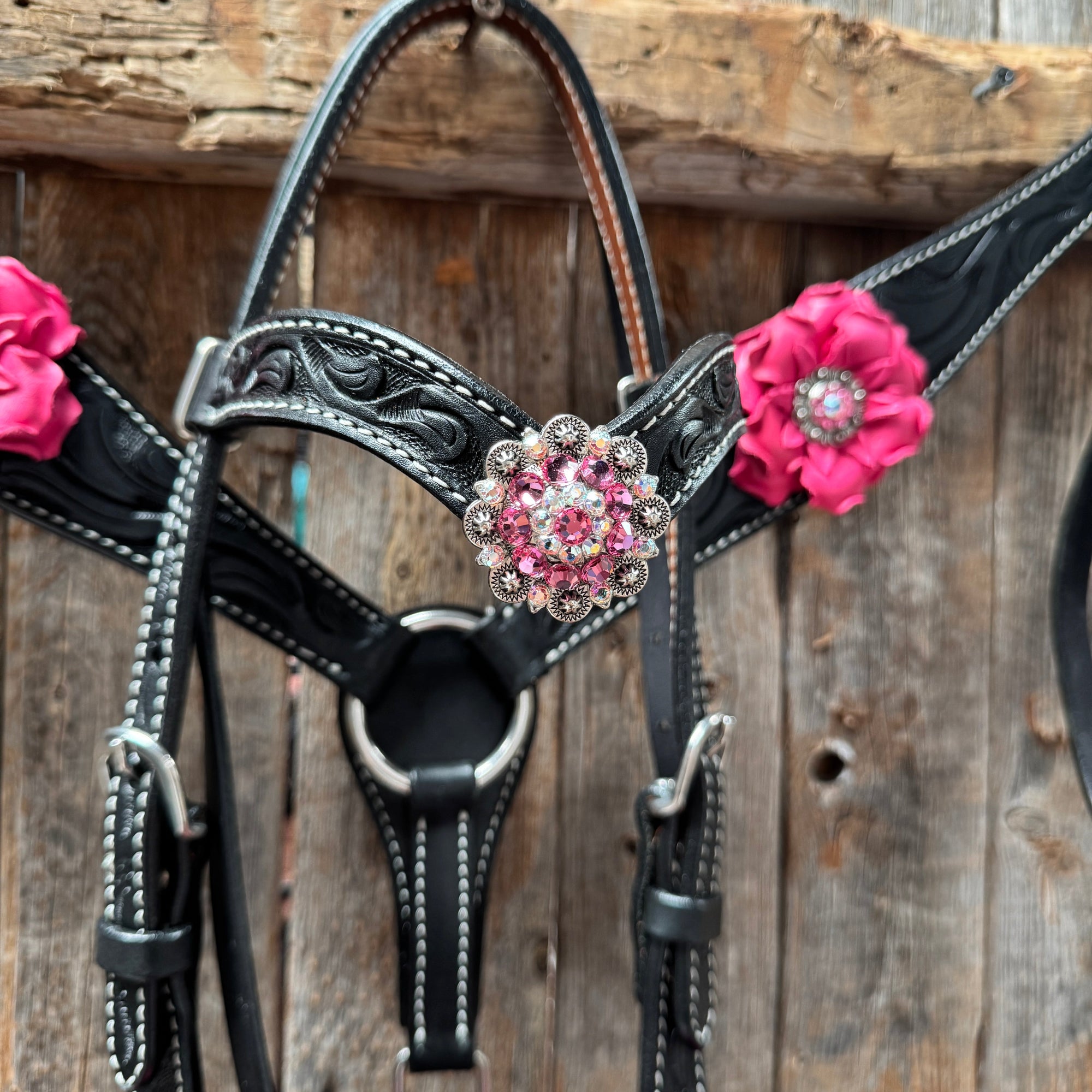 Pony Black Floral Pink Flower V-Browband Tack Set 