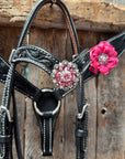 Pony Black Floral Pink Flower V-Browband Tack Set 
