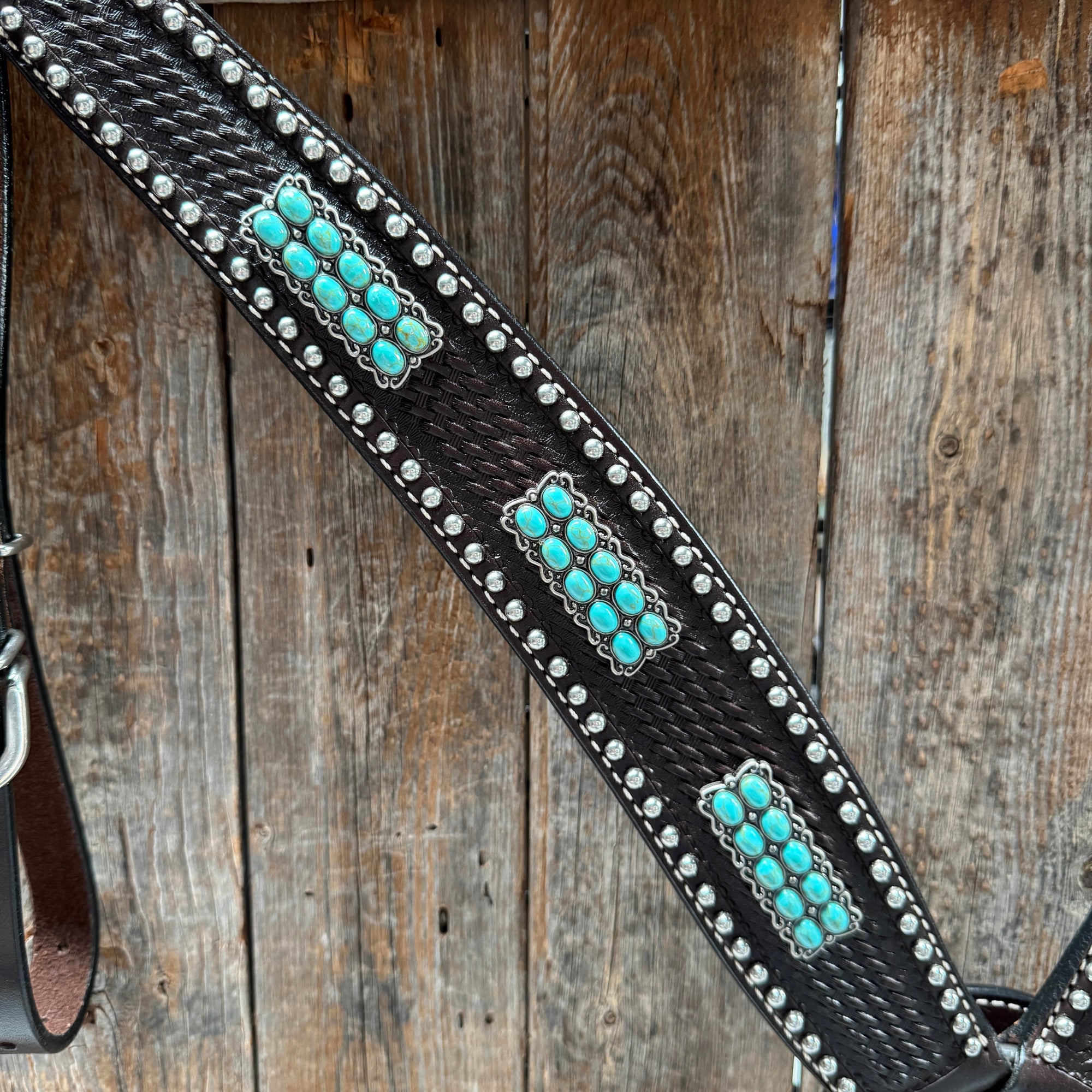 Dark Oil Silver Dot Antique Silver Turquoise Browband | One Ear Tack Set