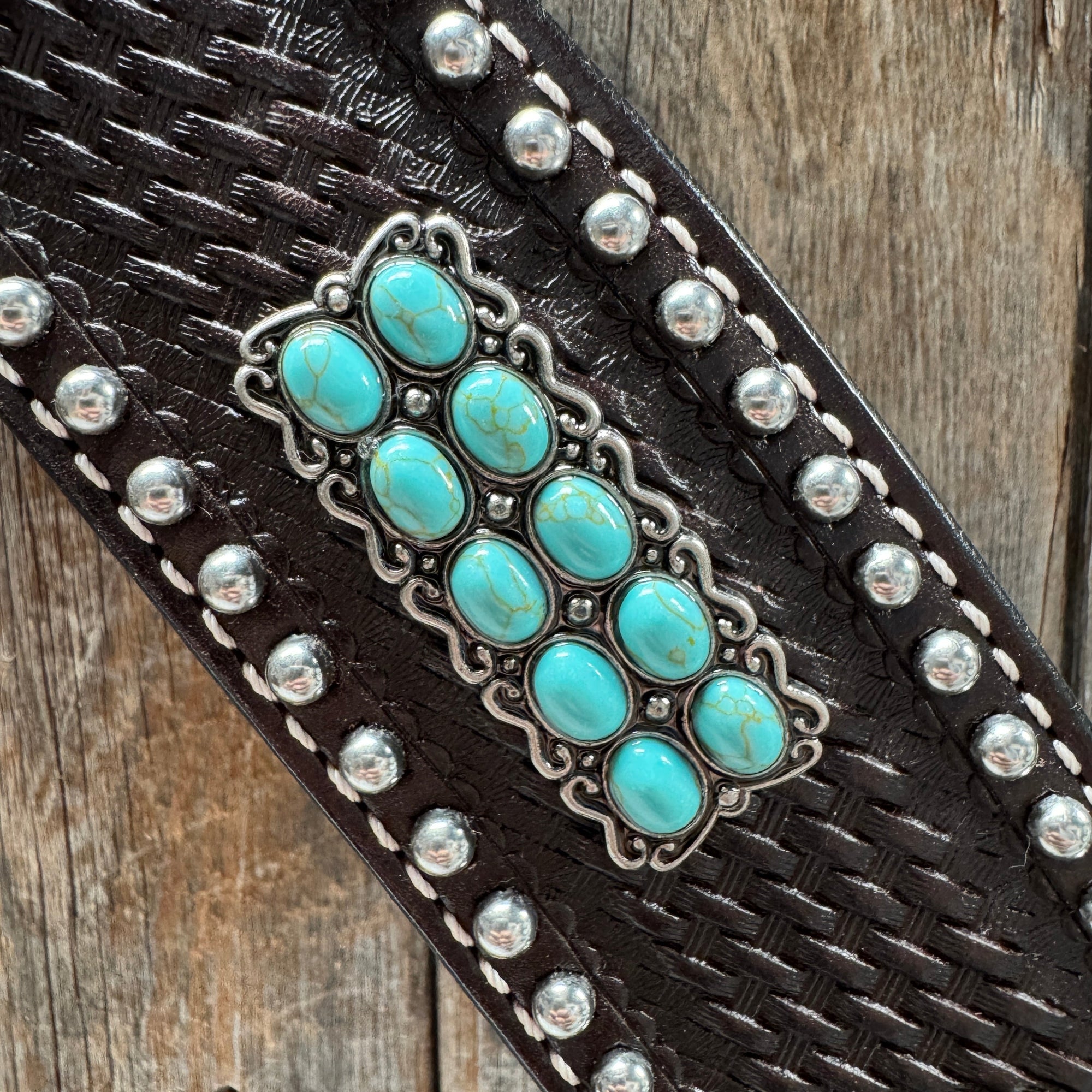 Dark Oil Silver Dot Antique Silver Turquoise Browband | One Ear Tack Set